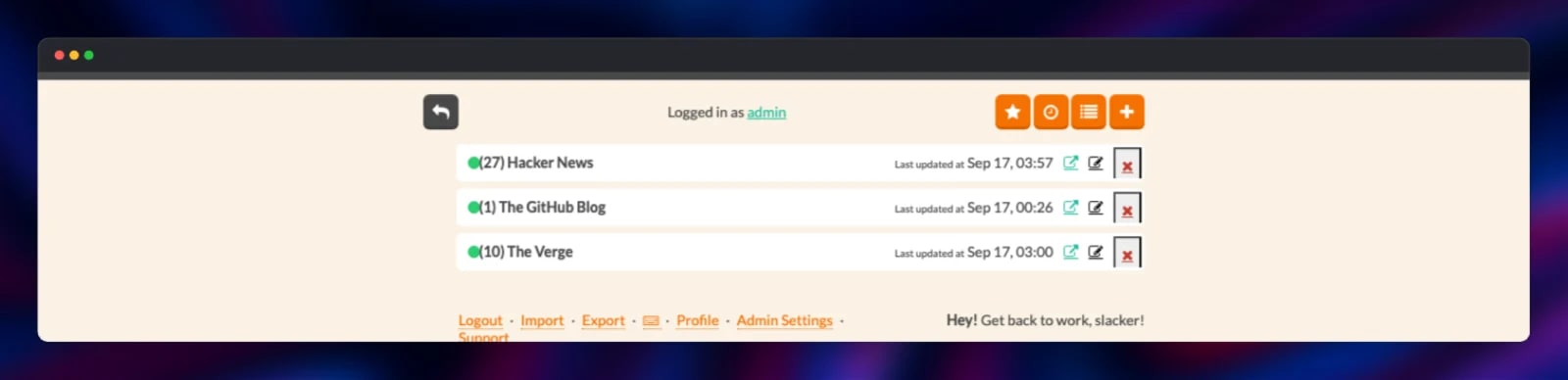 Three subscribed feeds with green status and unread counts