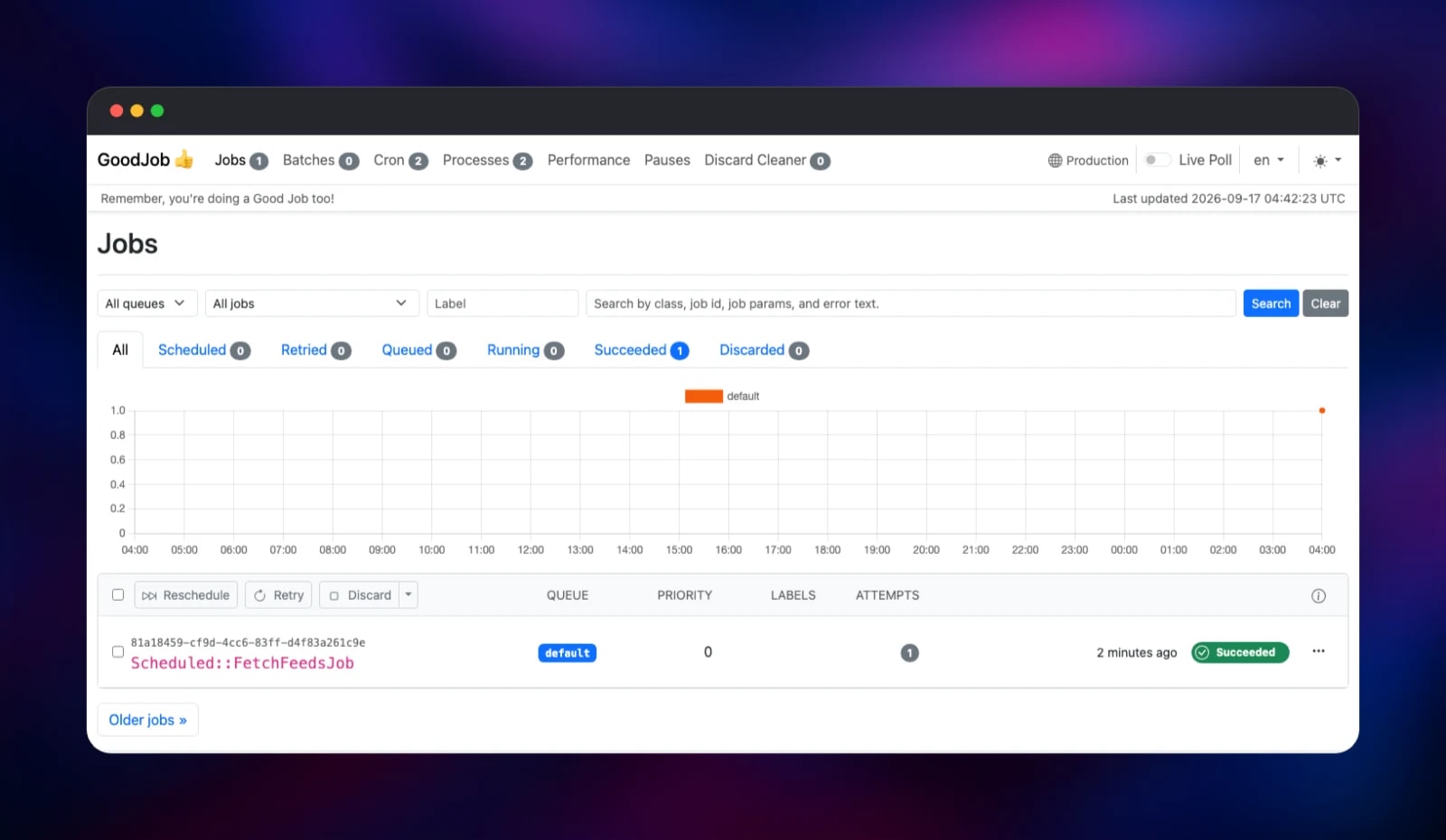 GoodJob dashboard showing the scheduled feed fetch succeeded
