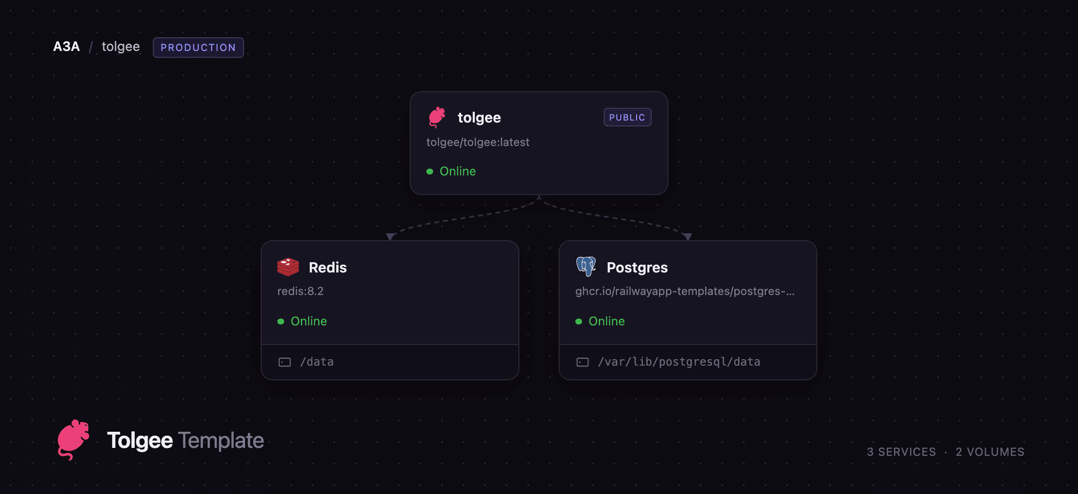 Diagram of the Tolgee, Postgres and Redis services on Railway
