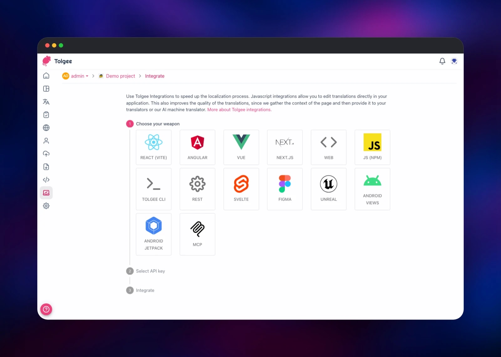 Tolgee integration picker listing React, Vue and Android SDKs