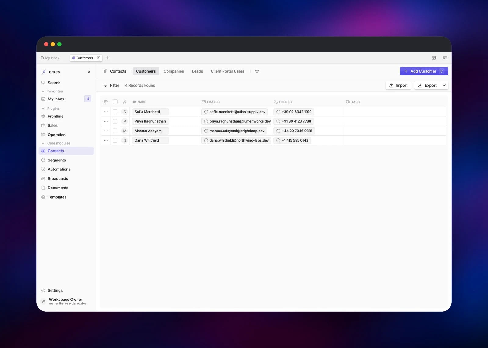 The erxes customer list holding four contact records