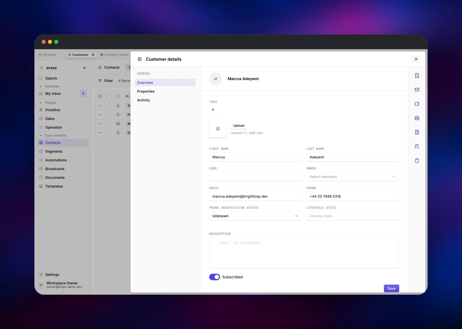 Editing a customer's details in the erxes contact panel
