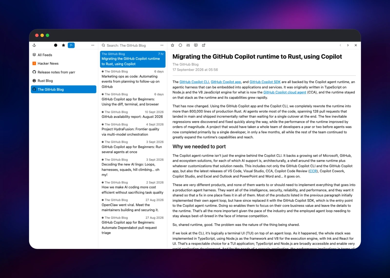 yarr reading pane showing a GitHub Blog article in full