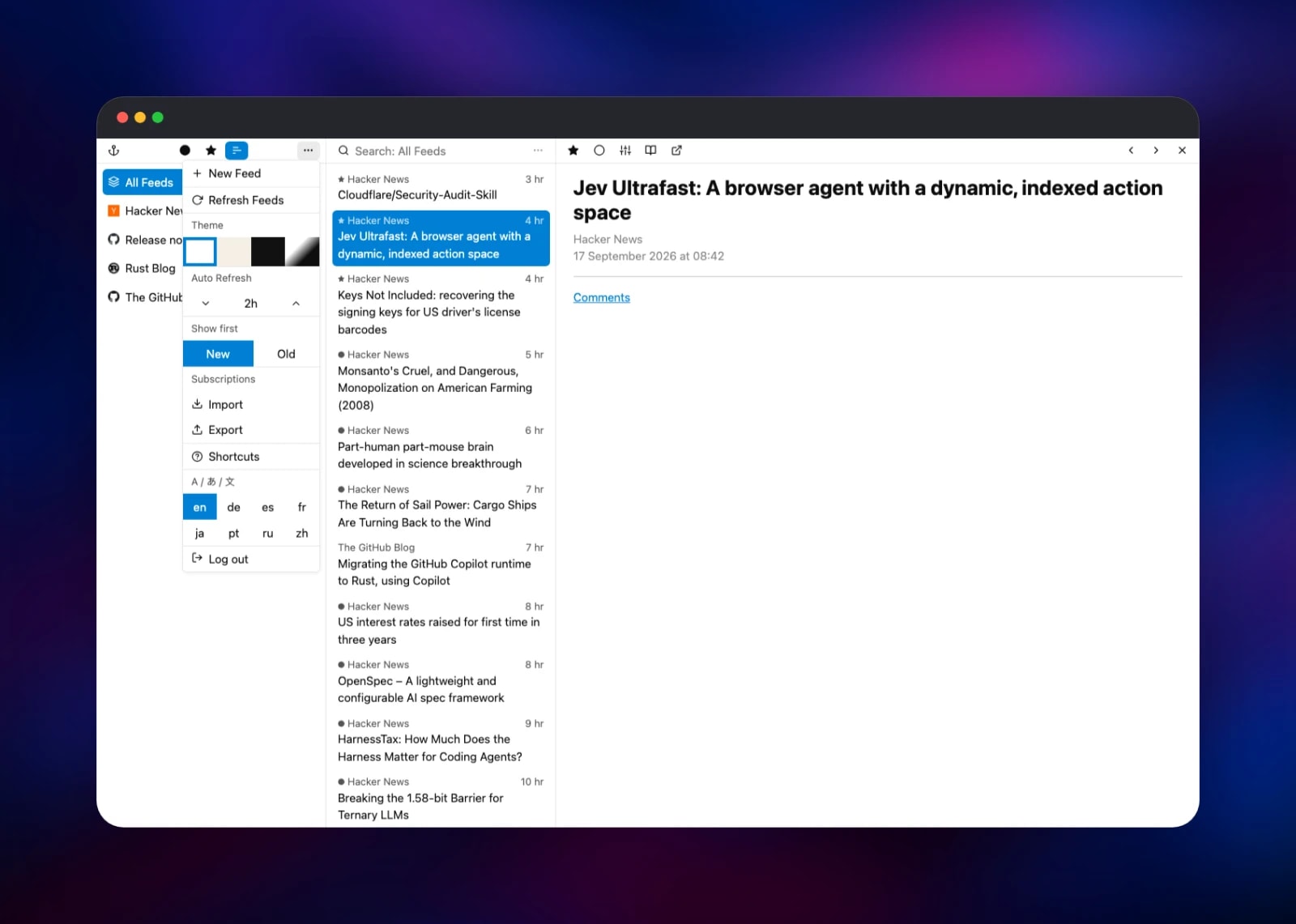 yarr settings menu with auto refresh and theme options