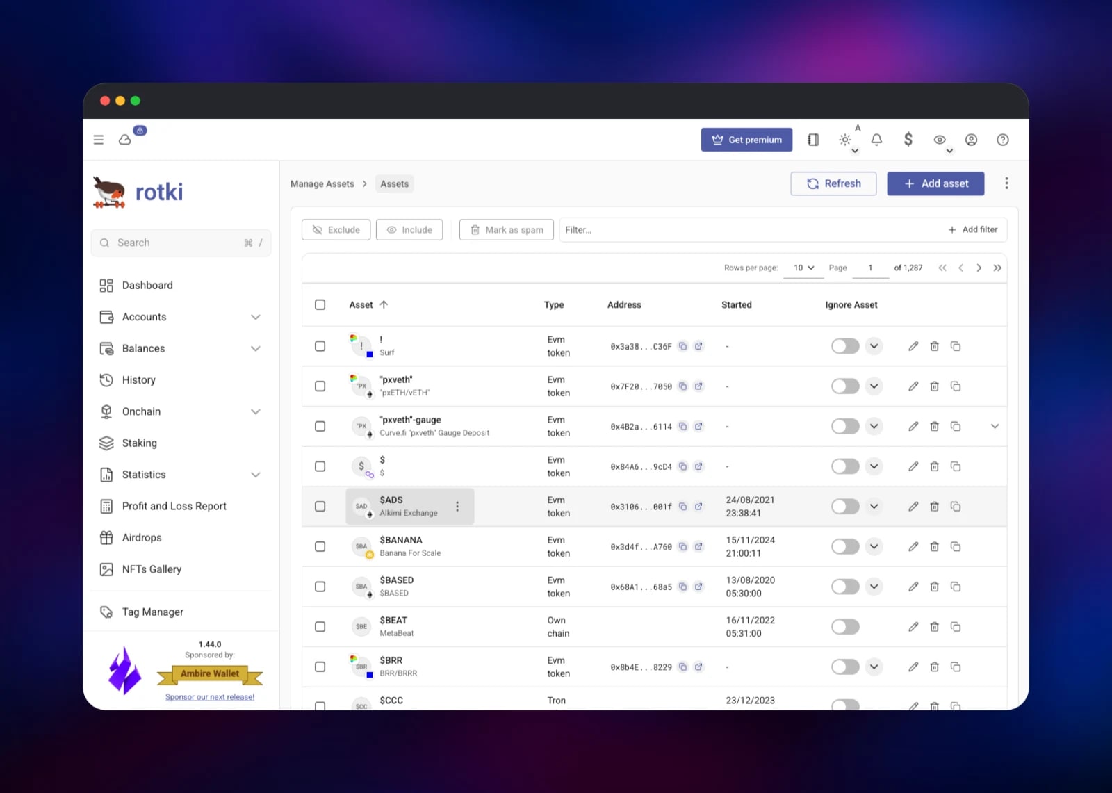 Browsing rotki's supported asset database with token addresses