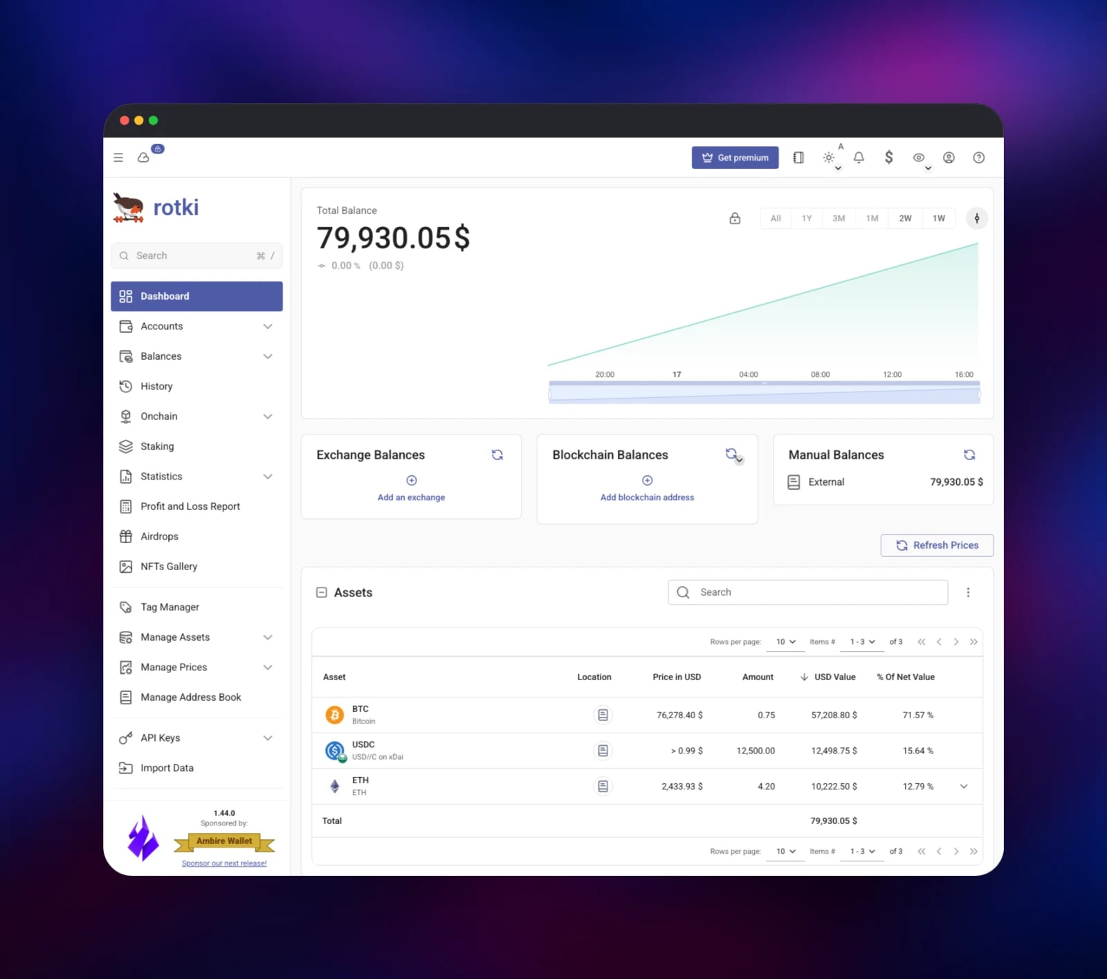 rotki dashboard showing total balance and net worth chart
