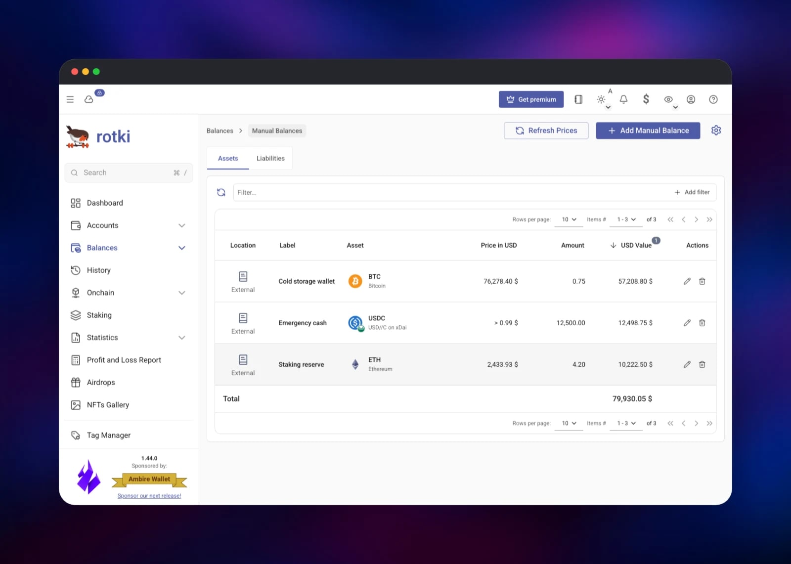 rotki manual balances table with live Bitcoin and Ethereum prices
