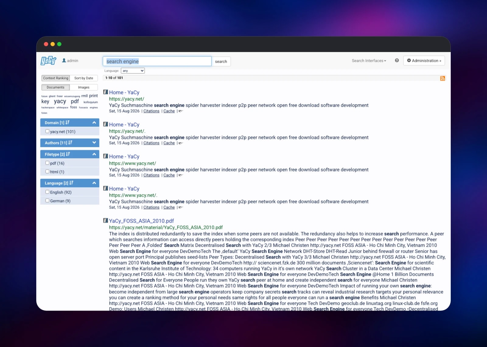 YaCy search results with domain, filetype and language facets