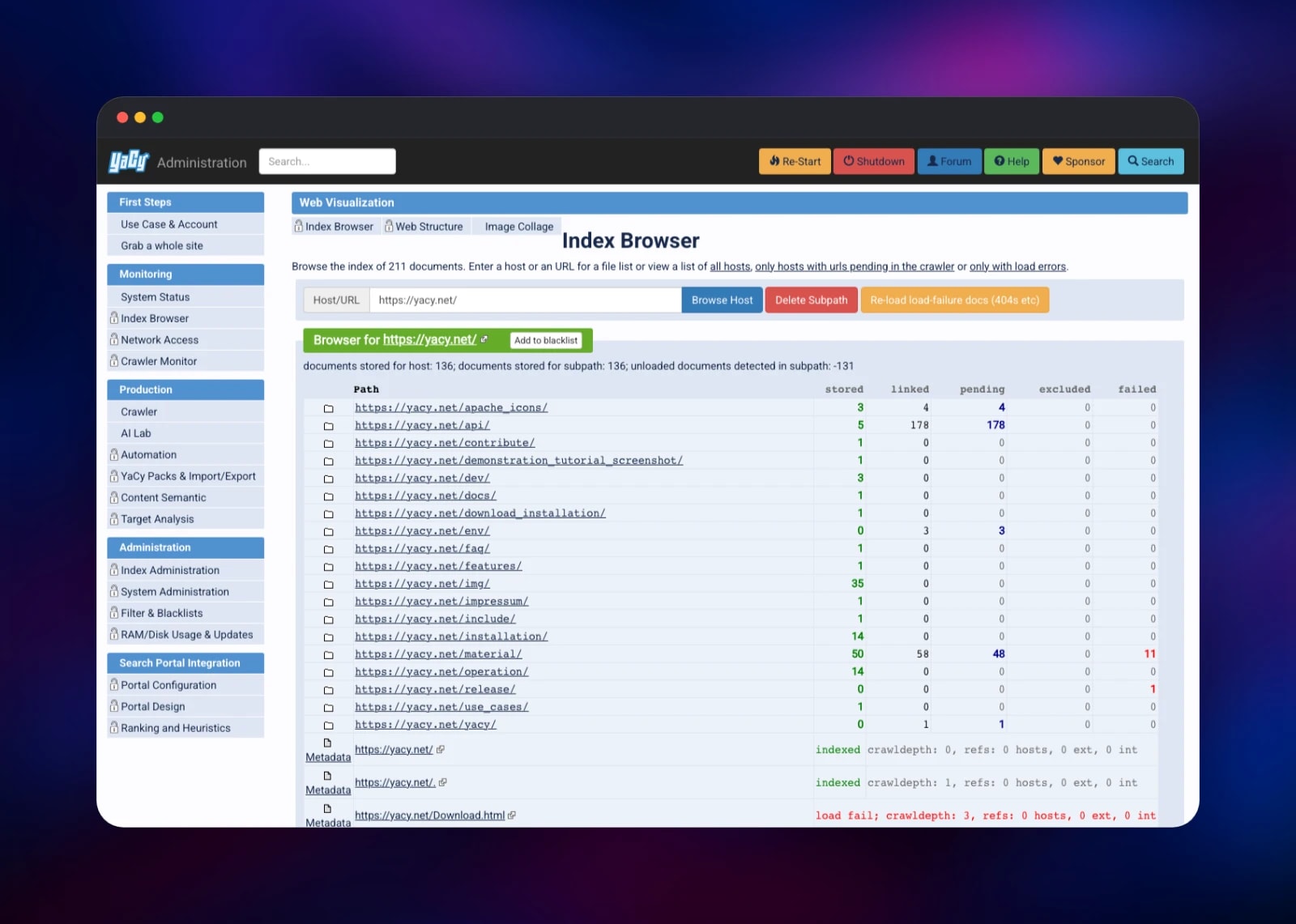 YaCy index browser listing indexed paths of a crawled host