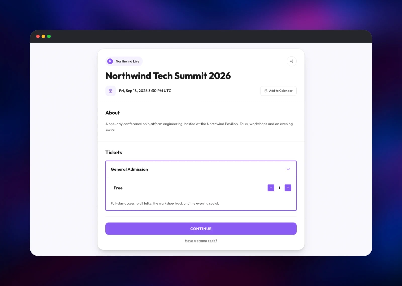 Public Hi.Events ticket page for a conference with a free ticket selected