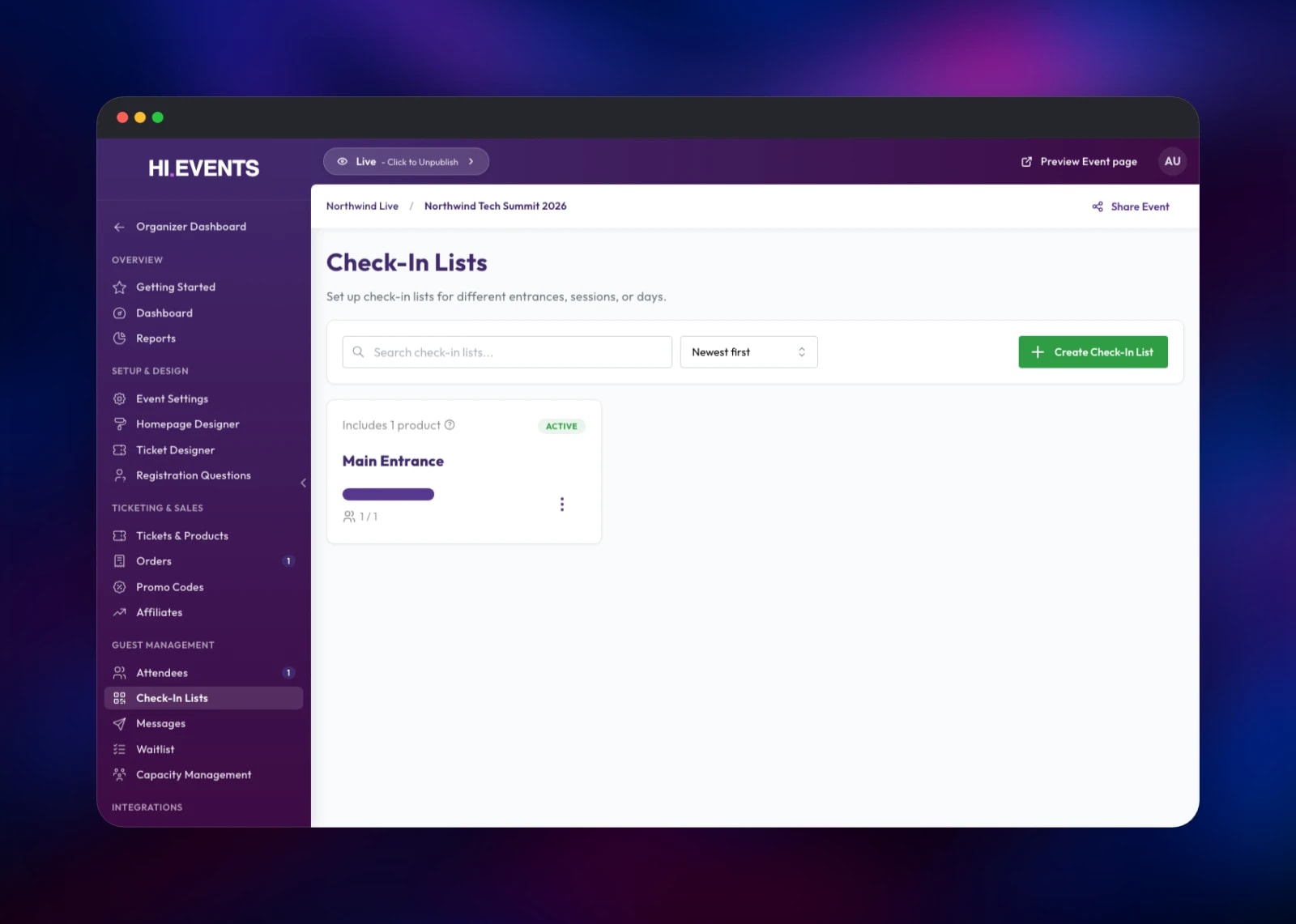 Hi.Events check-in list for the main entrance with shareable staff link