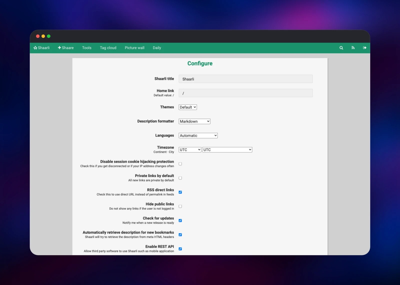 Shaarli configuration screen showing privacy and API settings