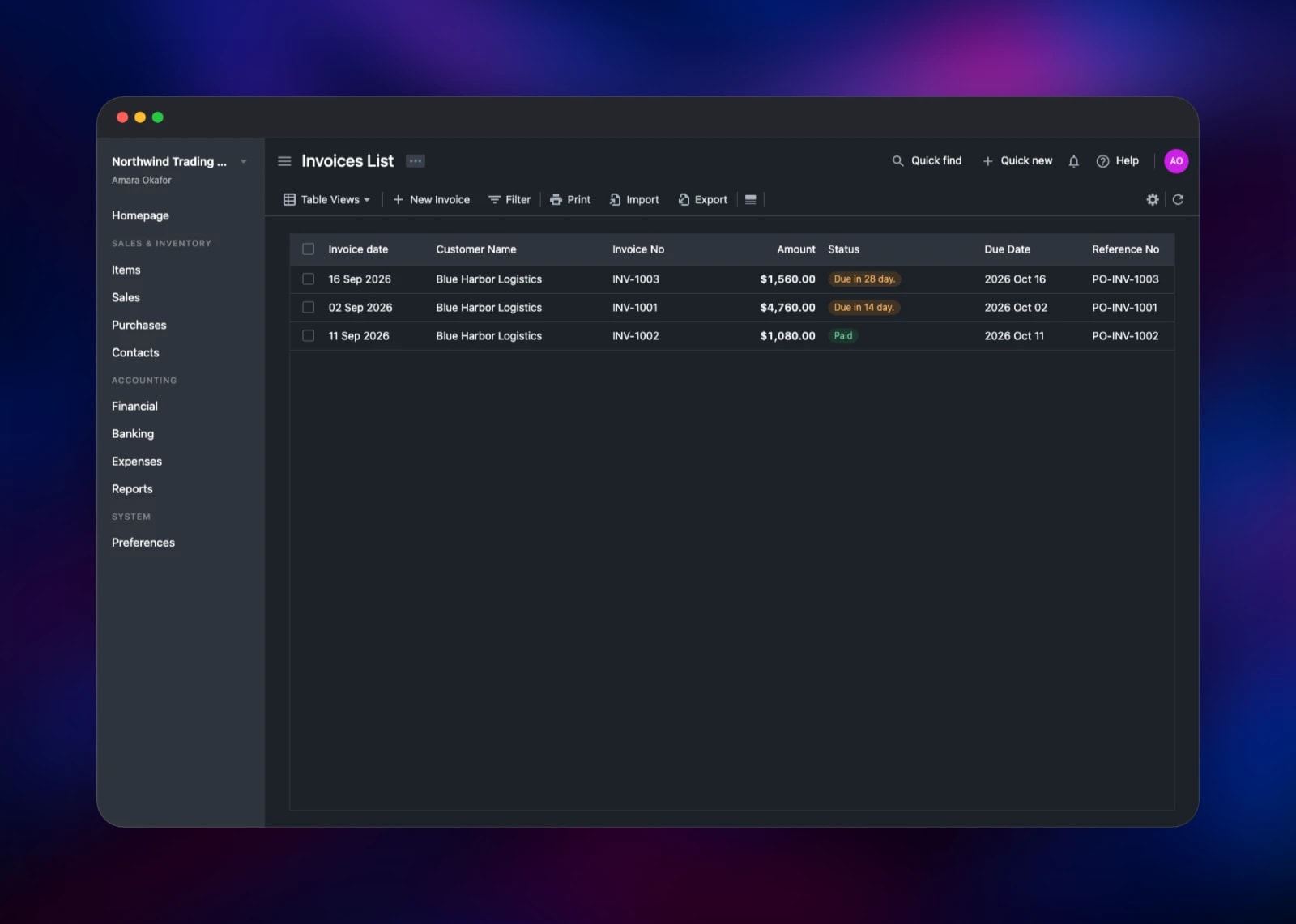 Bigcapital invoice list showing paid and outstanding sales invoices