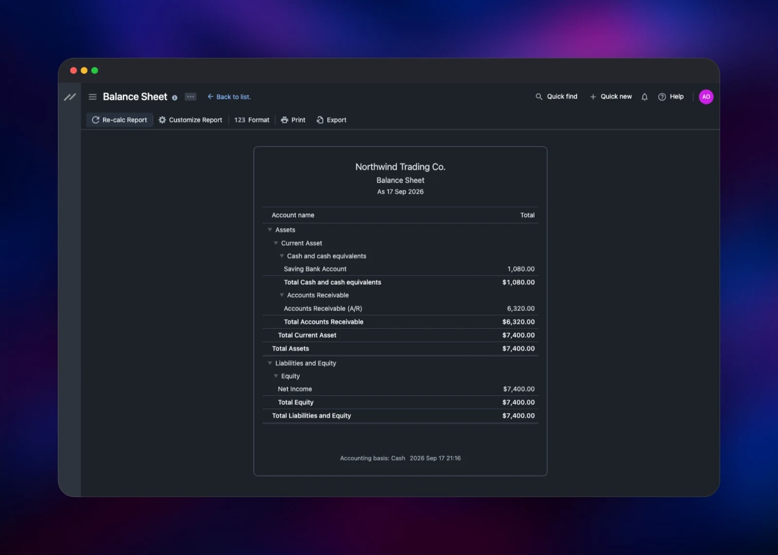 Bigcapital balance sheet with cash and receivable totals