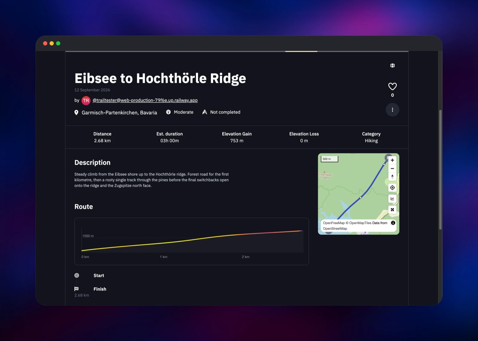 Trail page showing route stats and elevation profile