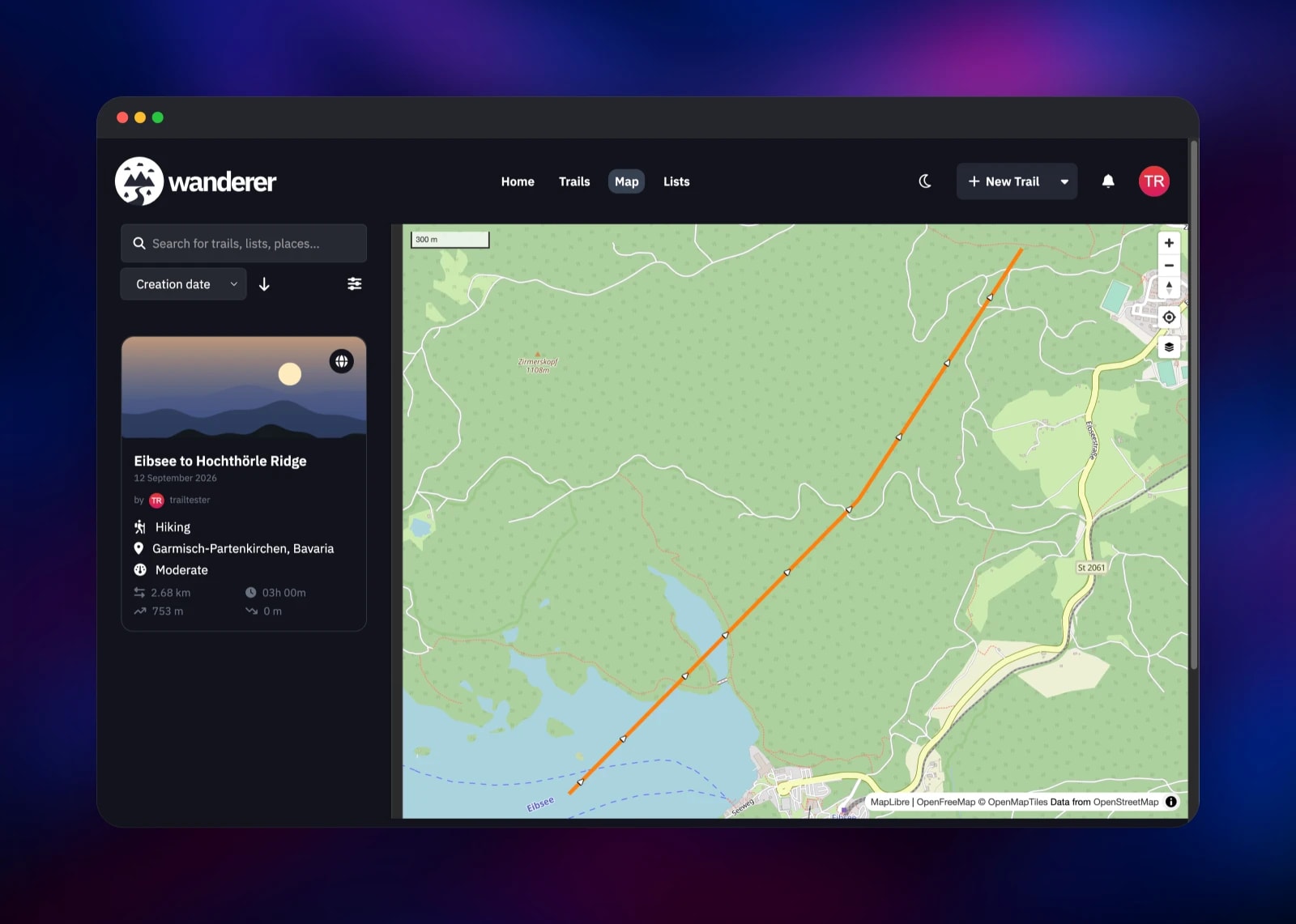 Wanderer map explorer with the route drawn over Eibsee