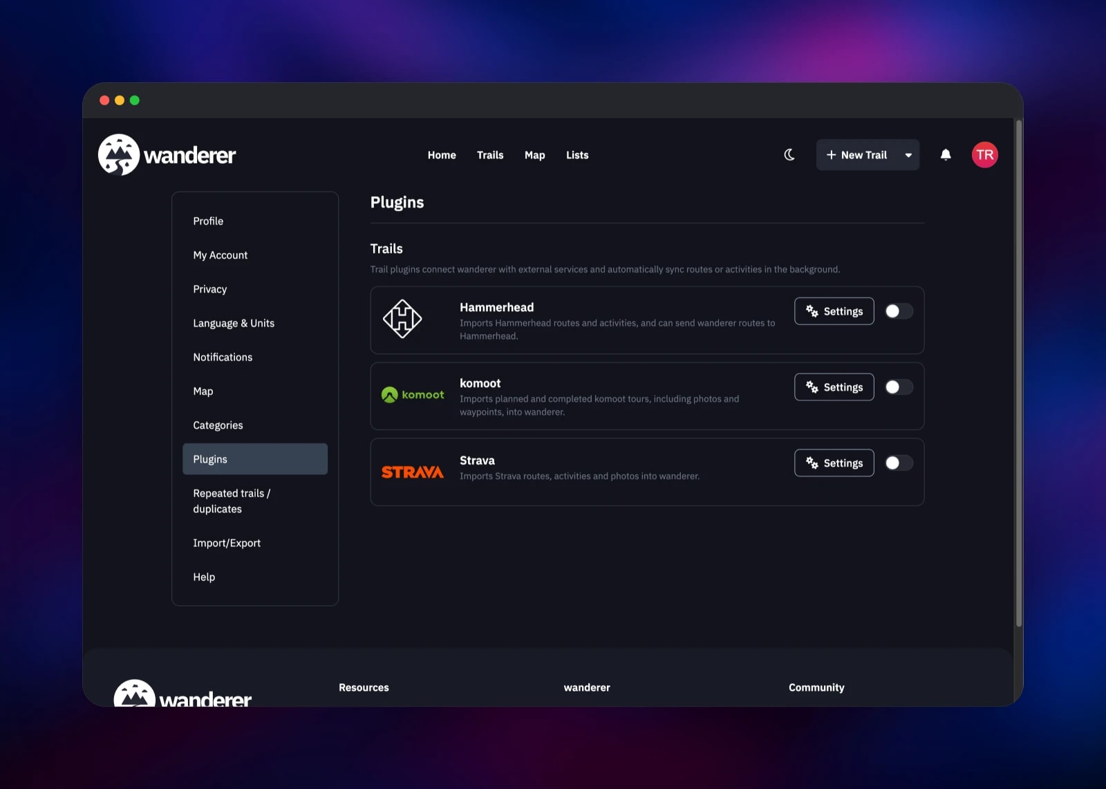 Strava, komoot and Hammerhead plugins in Wanderer settings