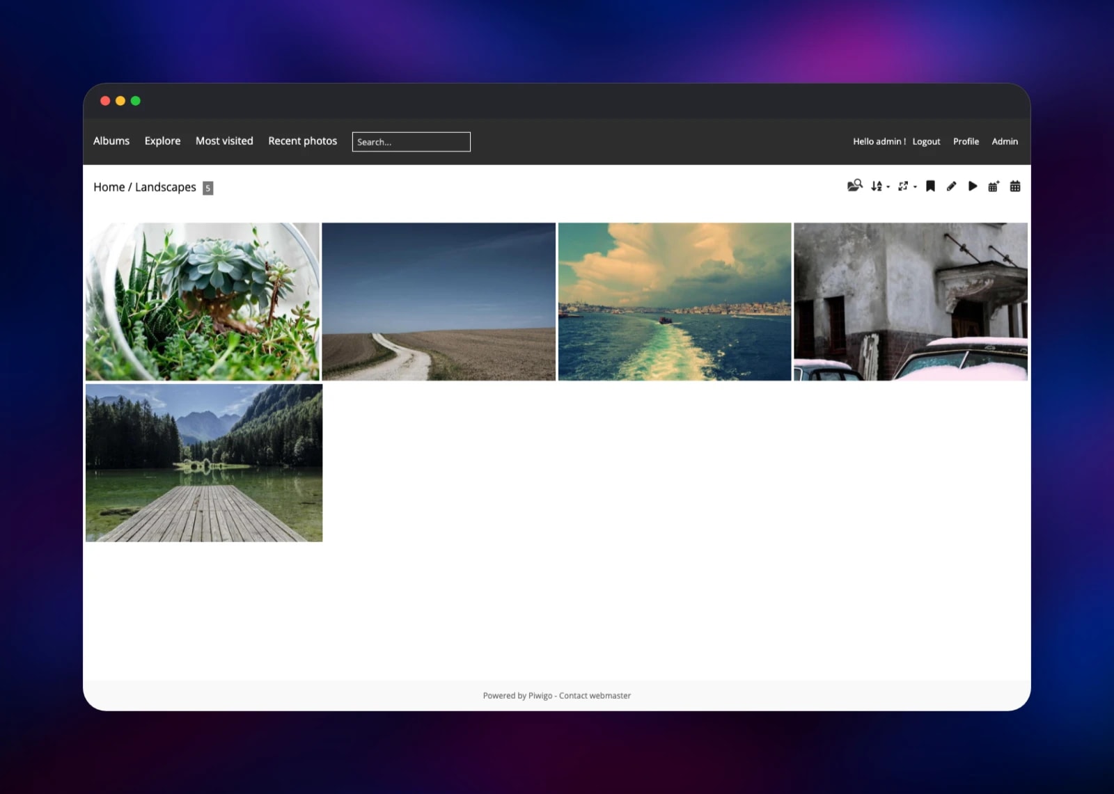 Piwigo album grid showing five landscape photographs