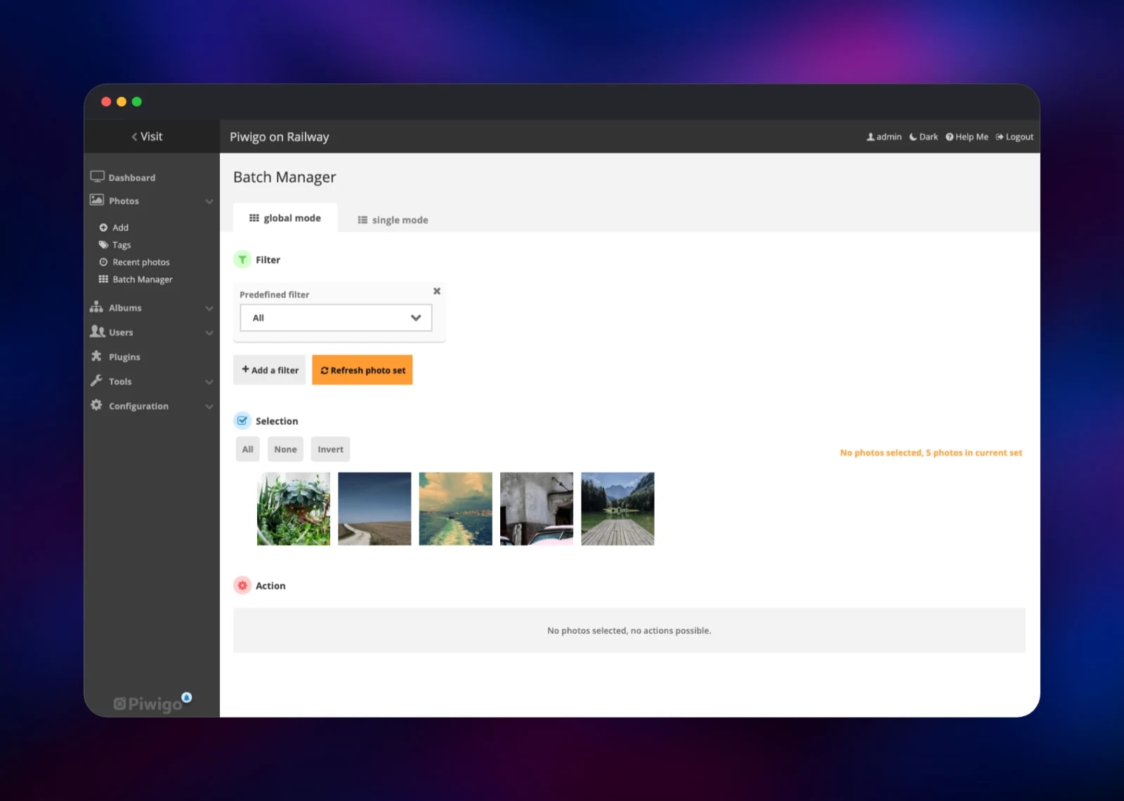 Piwigo Batch Manager listing the whole photo library