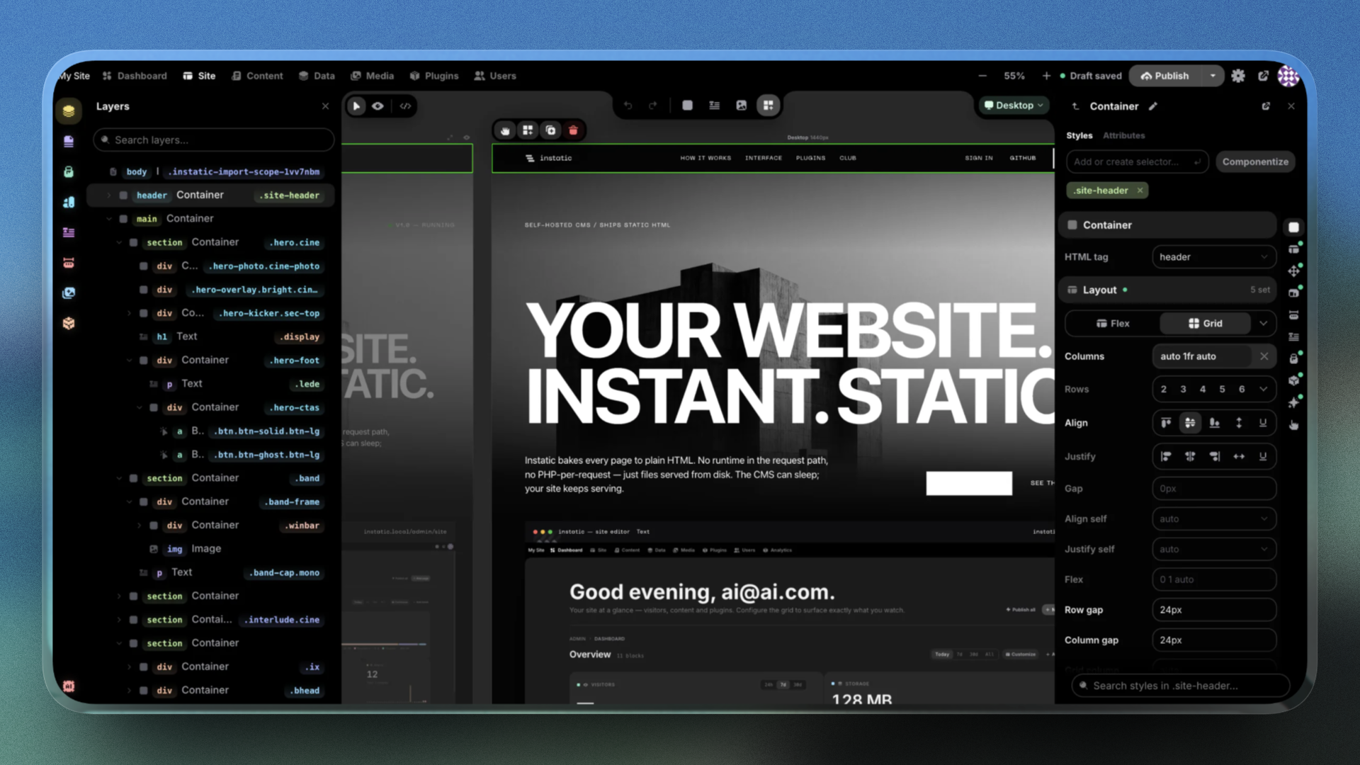 Instatic dashboard screenshot