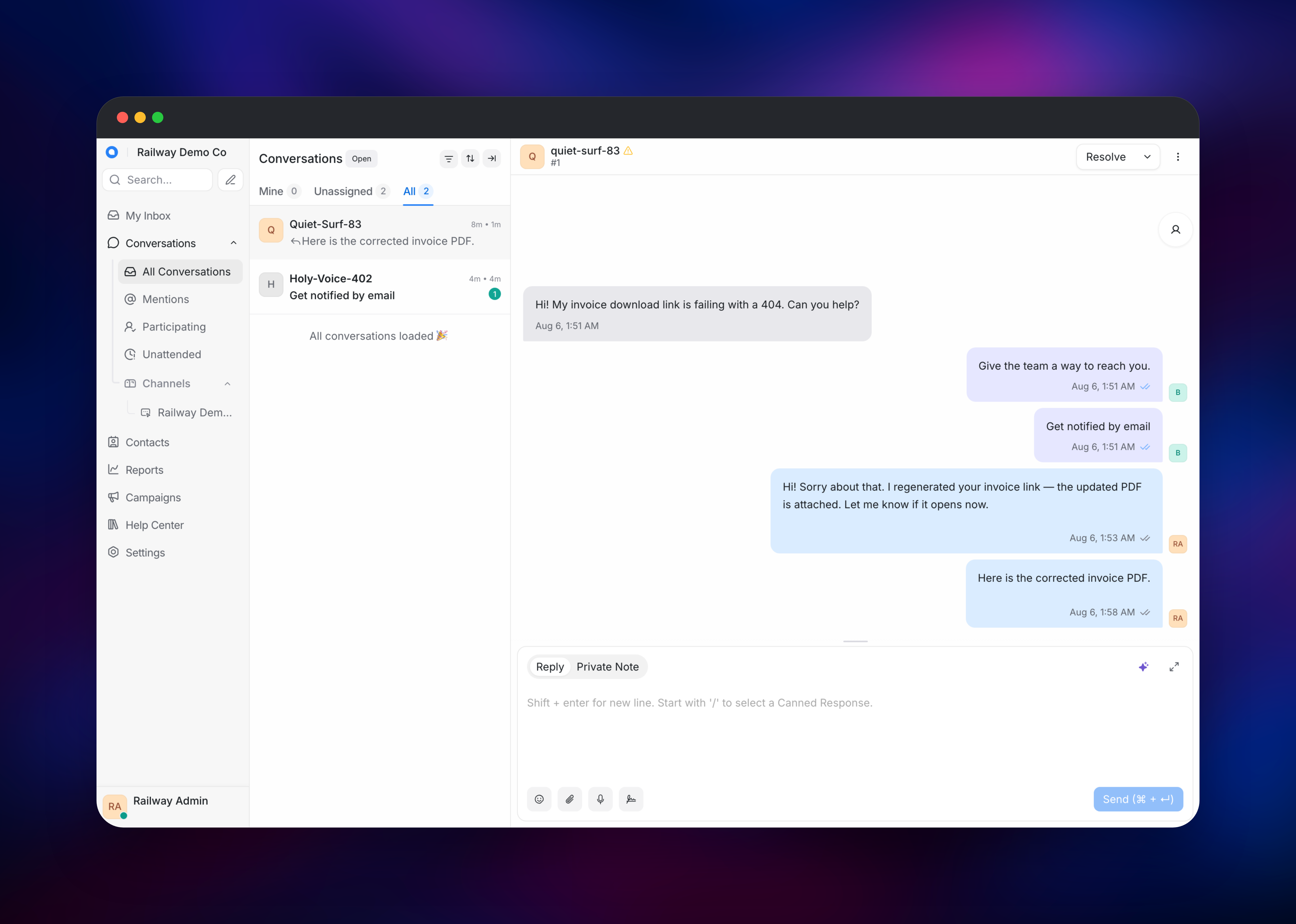 Chatwoot dashboard screenshot2