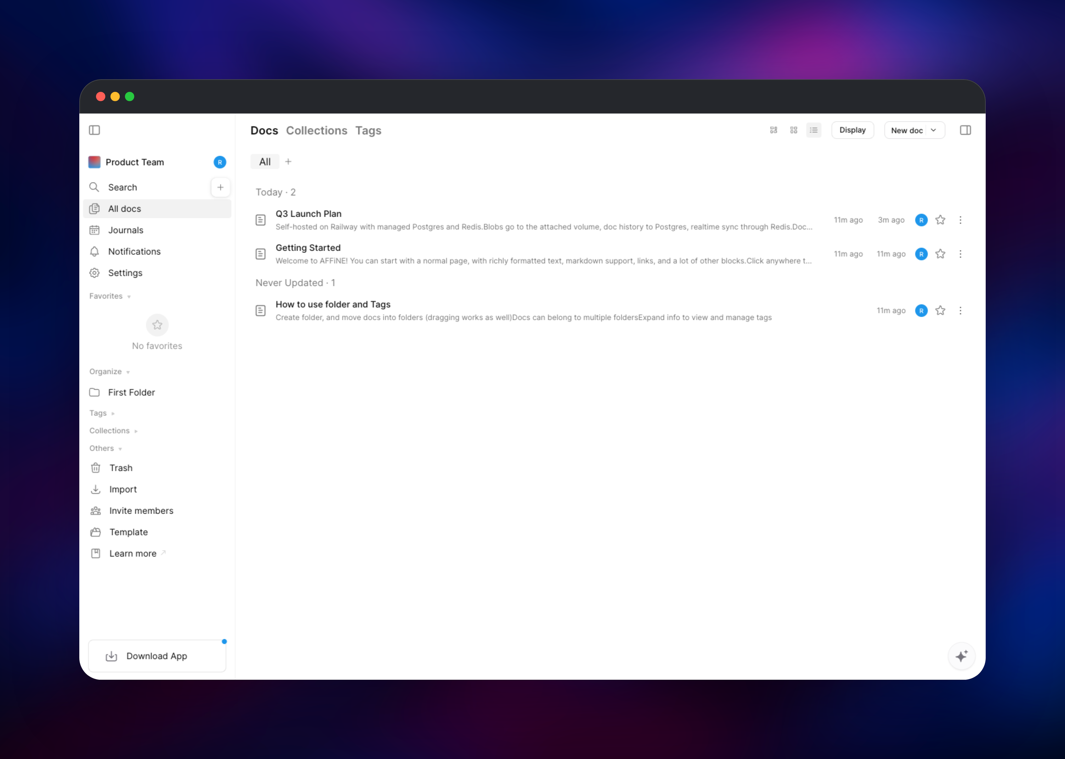 AFFiNE dashboard screenshot 2