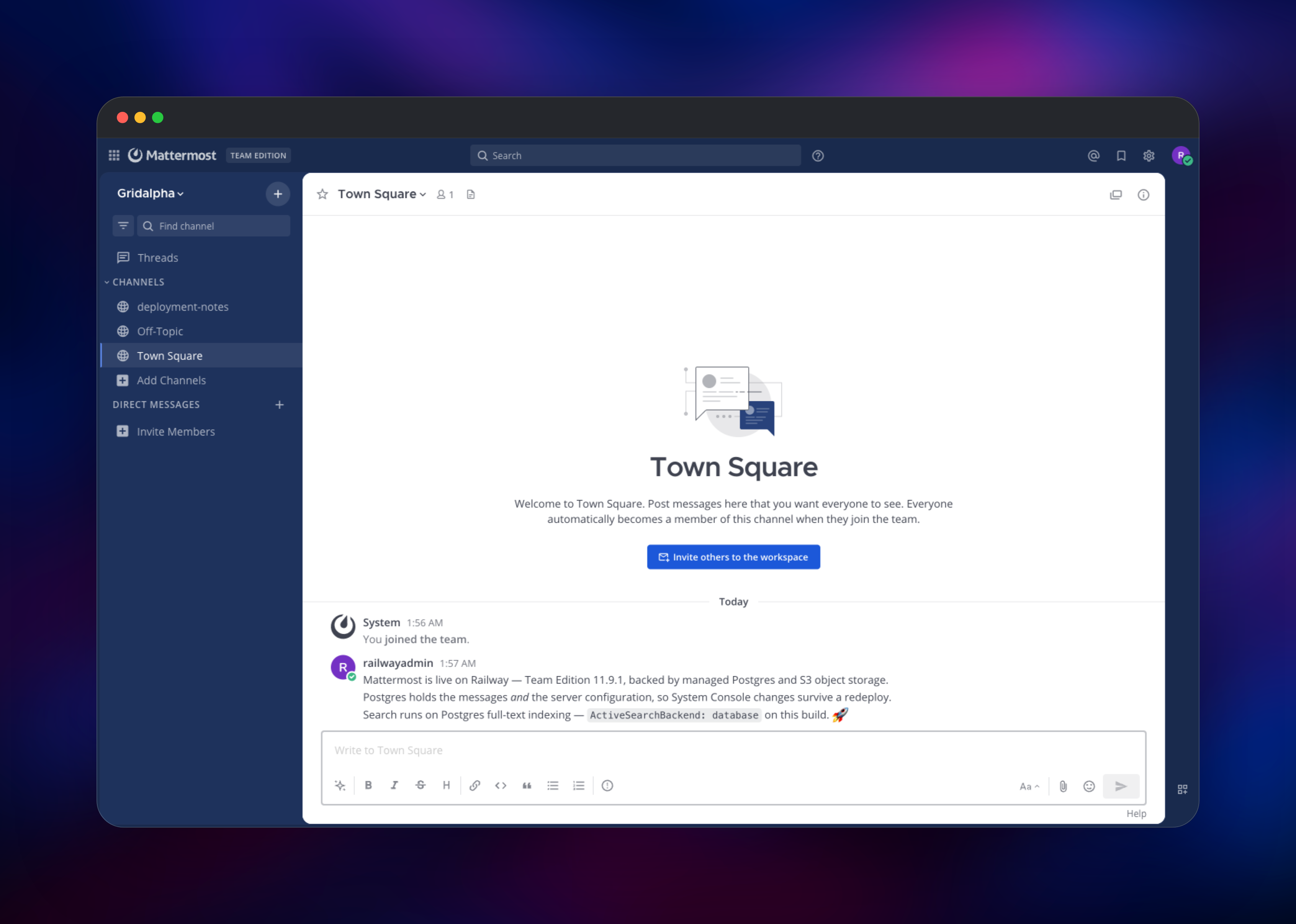Mattermost Town Square channel with a formatted team conversation