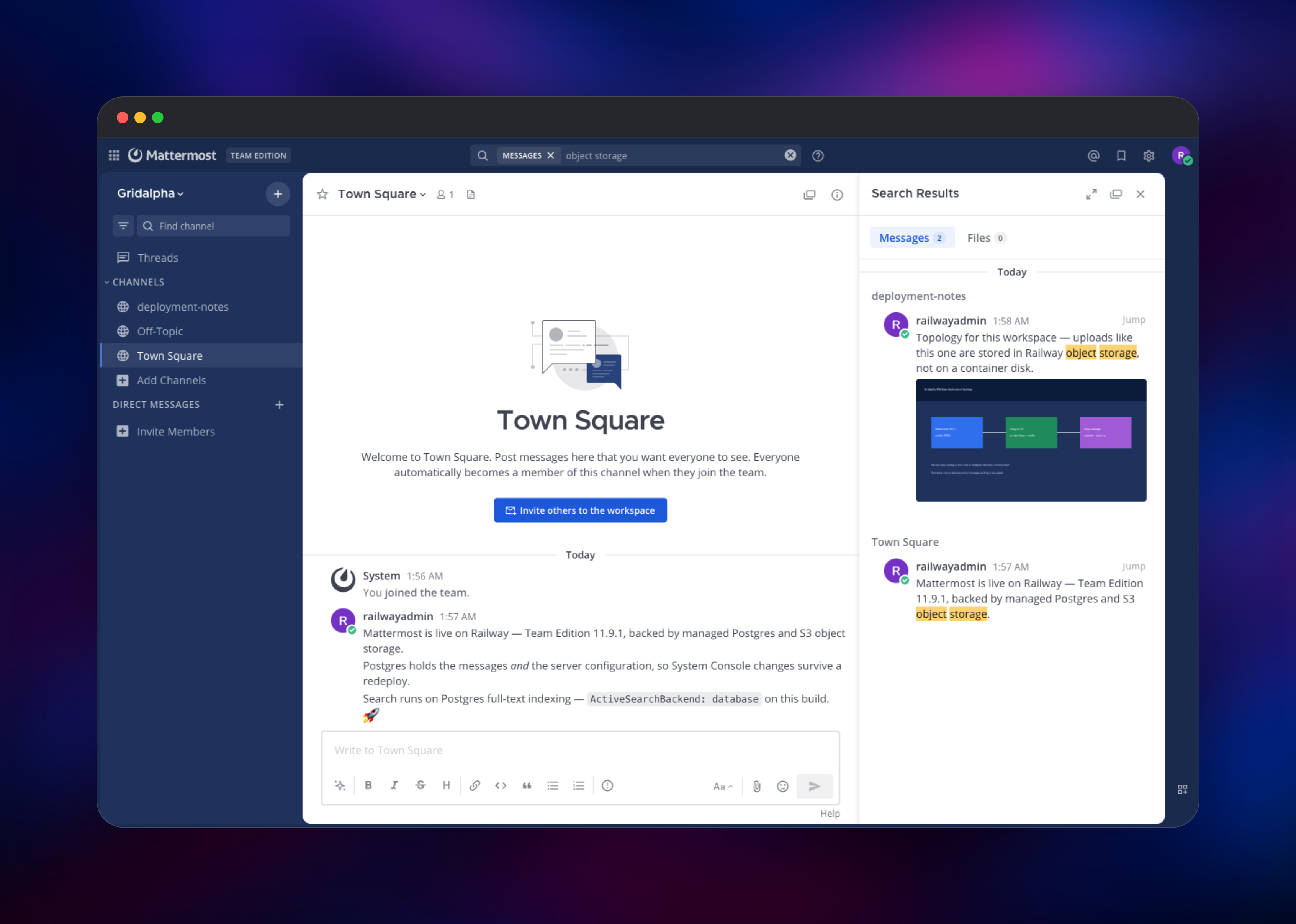 Mattermost search panel listing matching messages across two channels
