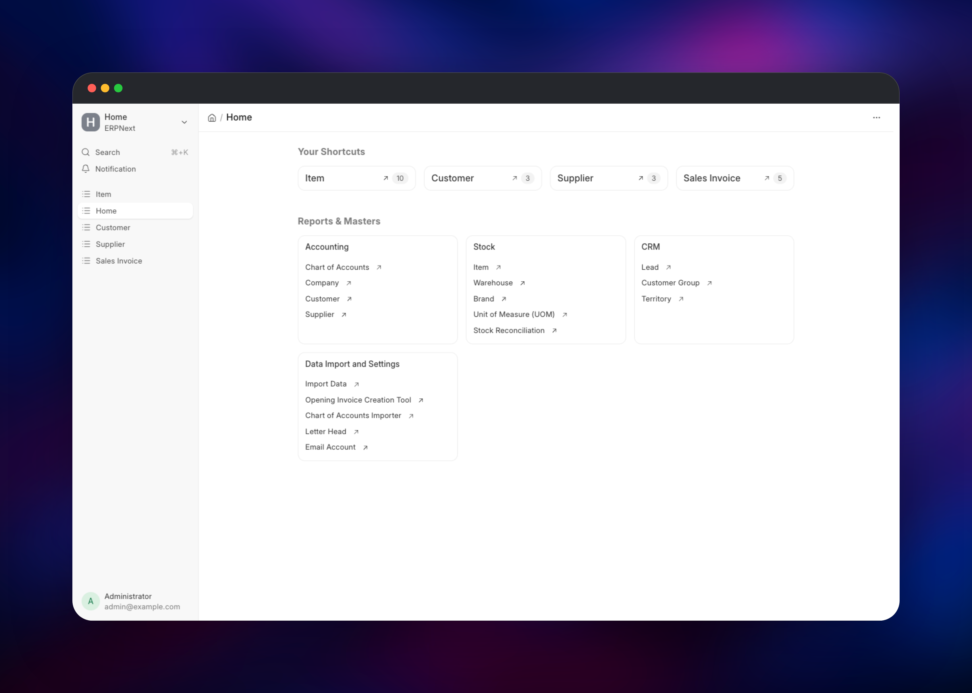 ERPNext home workspace with accounting, stock and CRM shortcuts