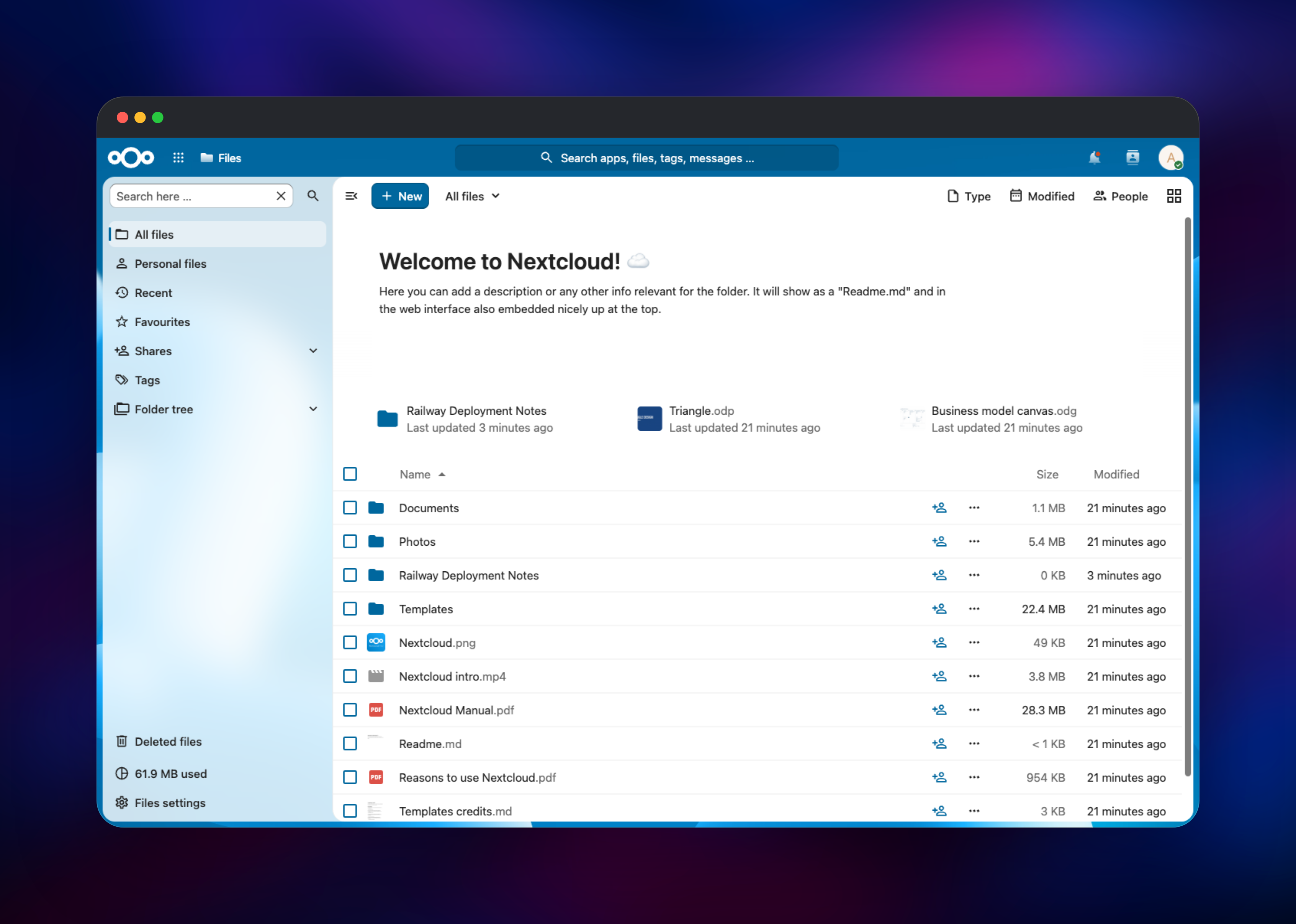 Nextcloud Files listing documents, photos and a new folder