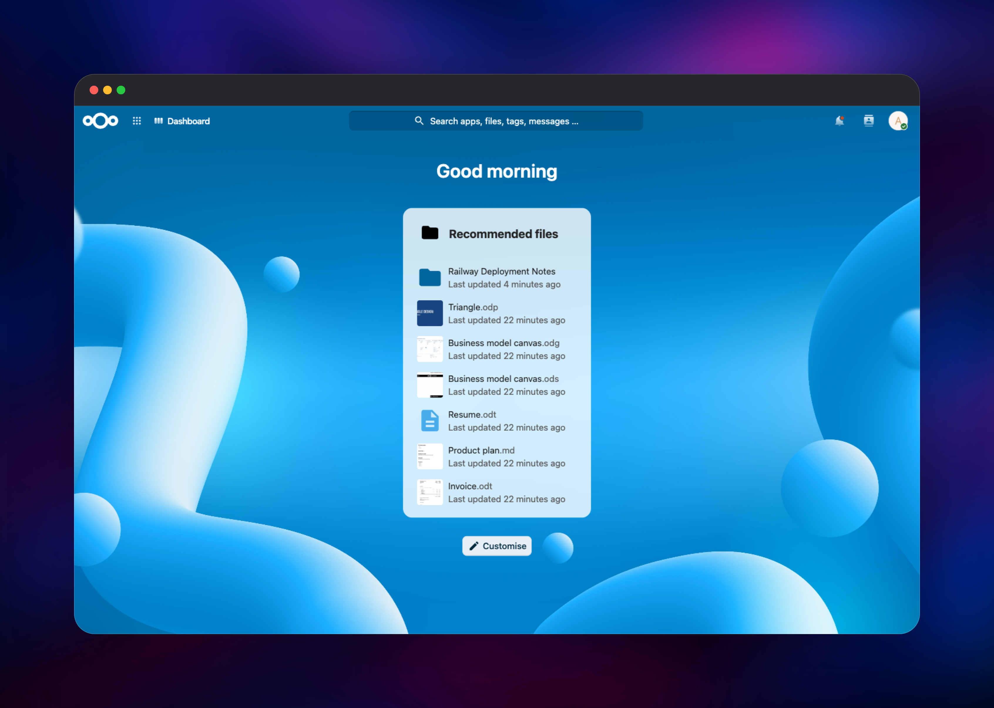 Nextcloud dashboard showing recommended files widget