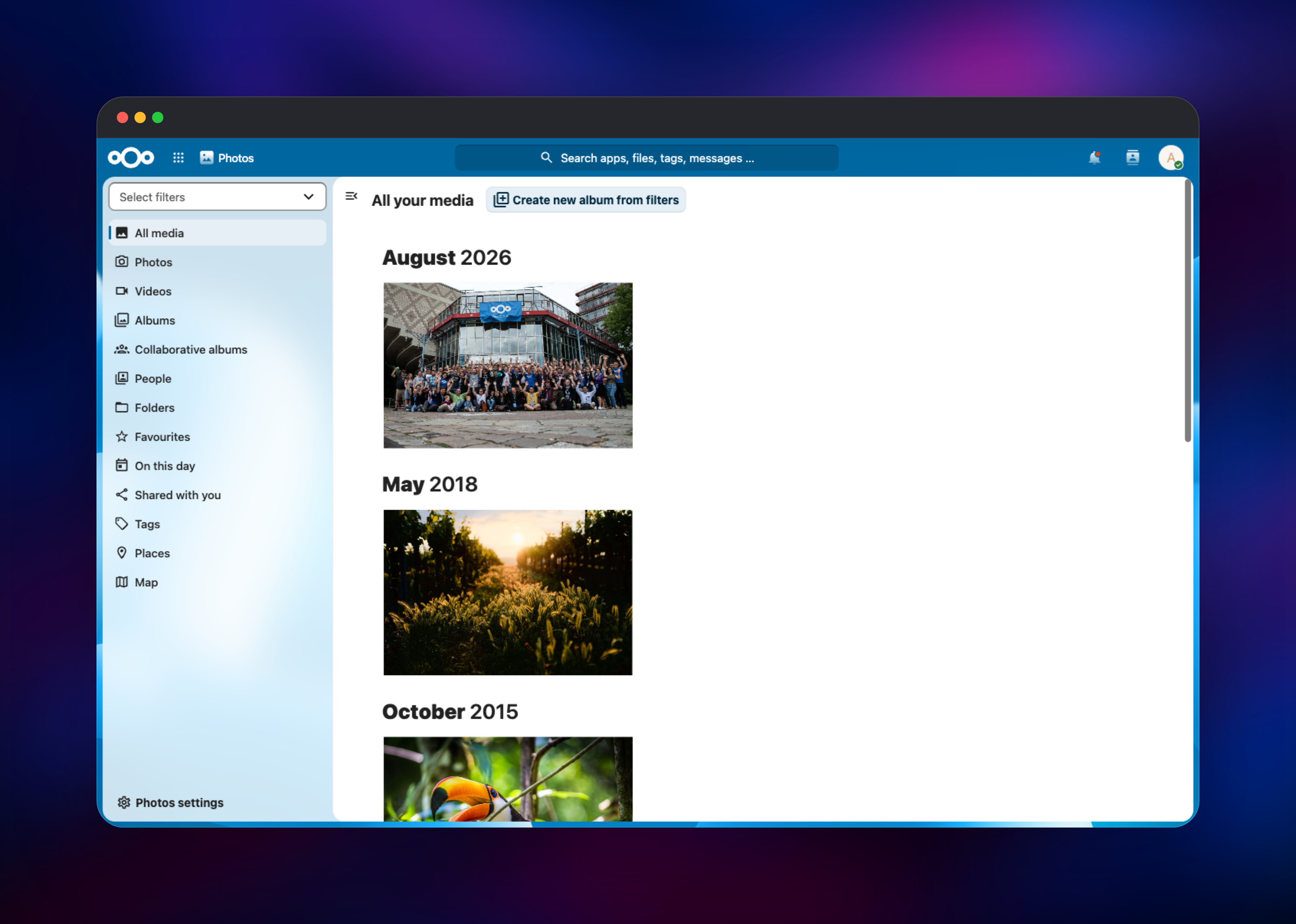 Nextcloud Photos app browsing media by month