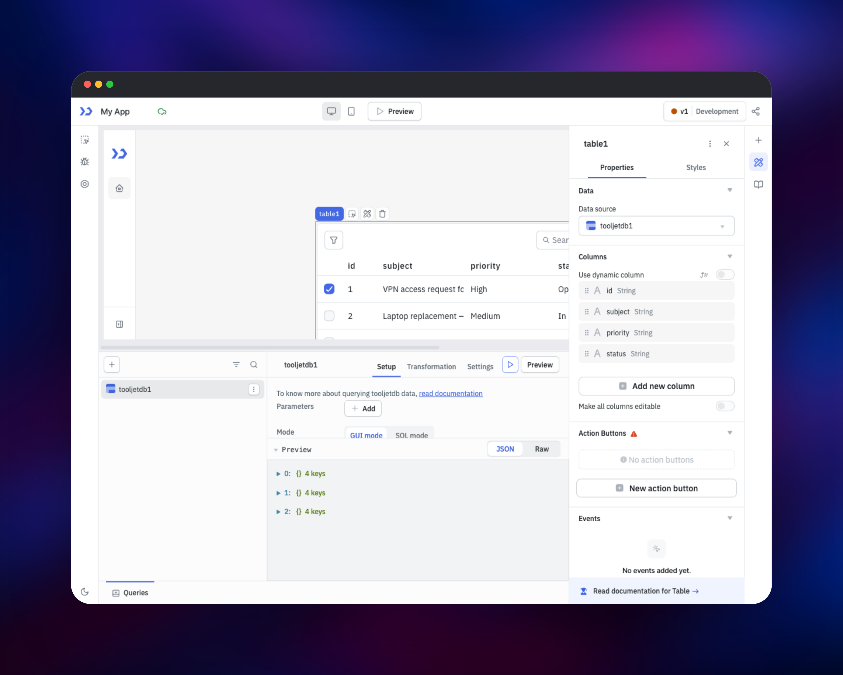 ToolJet app builder with a support-ticket table bound to a query