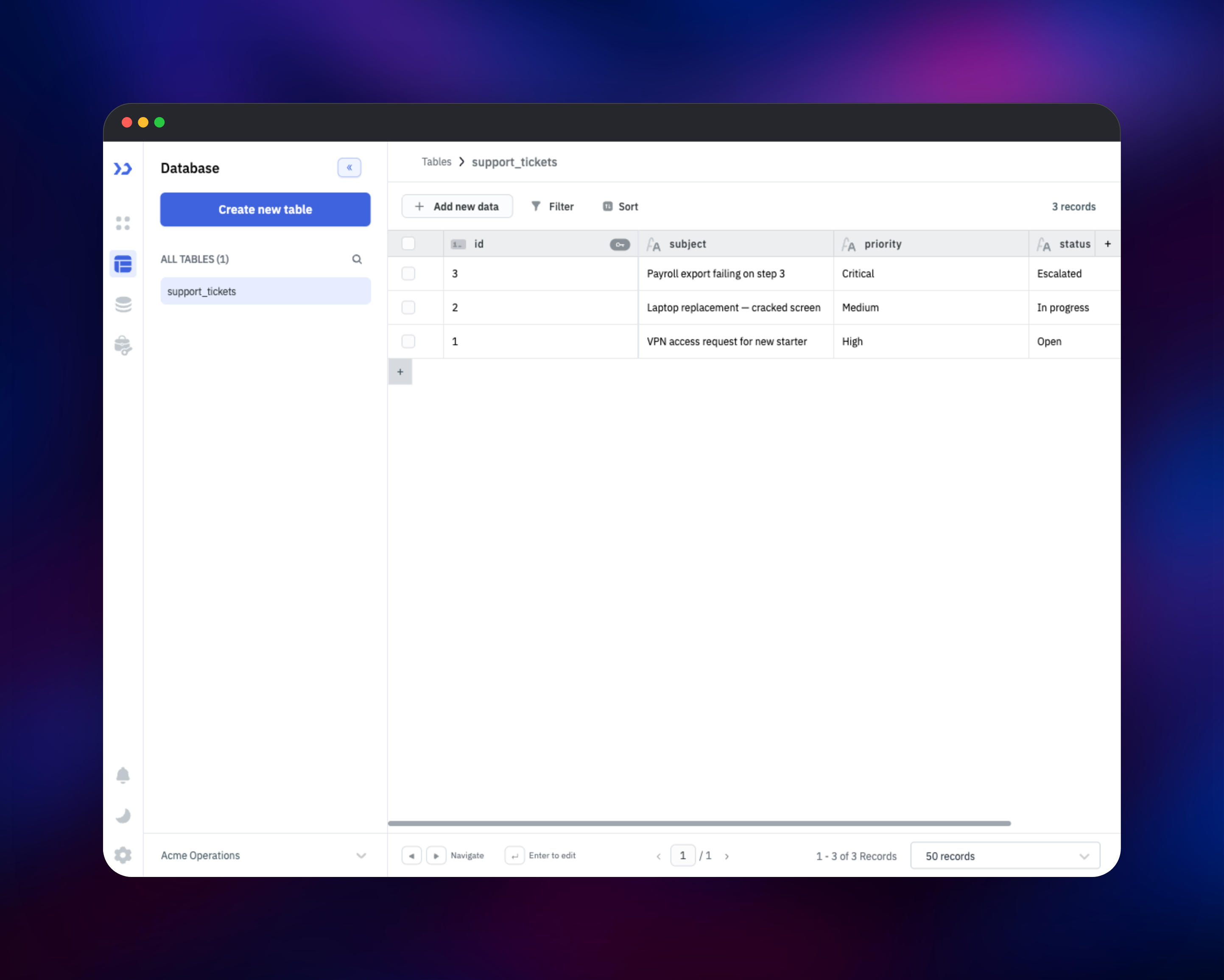 ToolJet Database grid holding three support ticket records