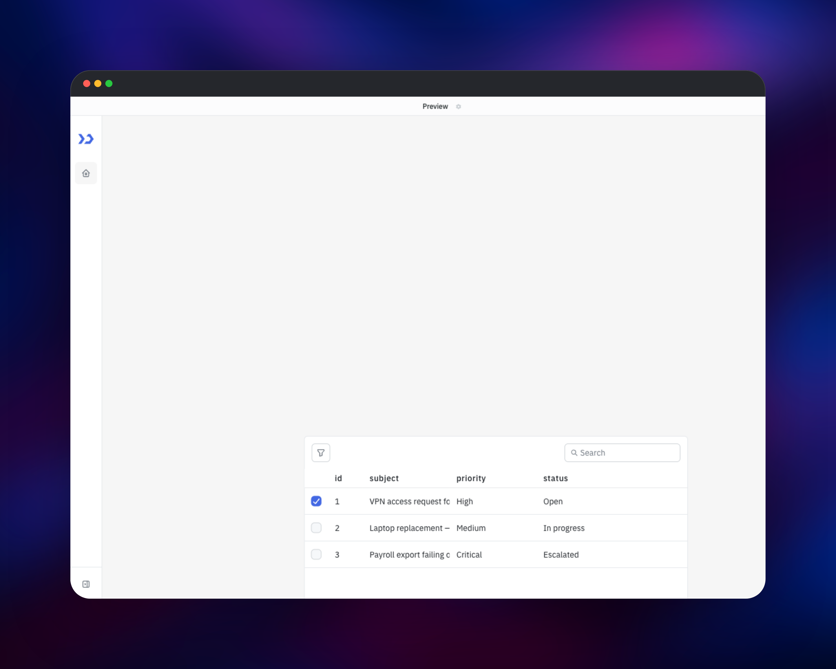 Running ToolJet app listing support tickets by priority and status