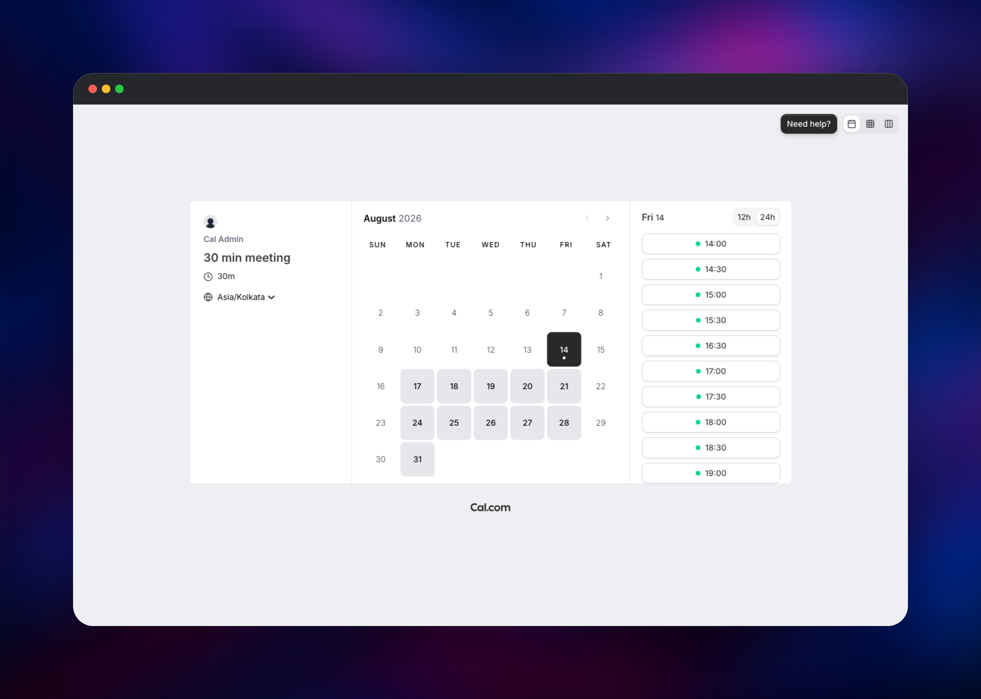 Cal.com public booking page showing calendar and available time slots