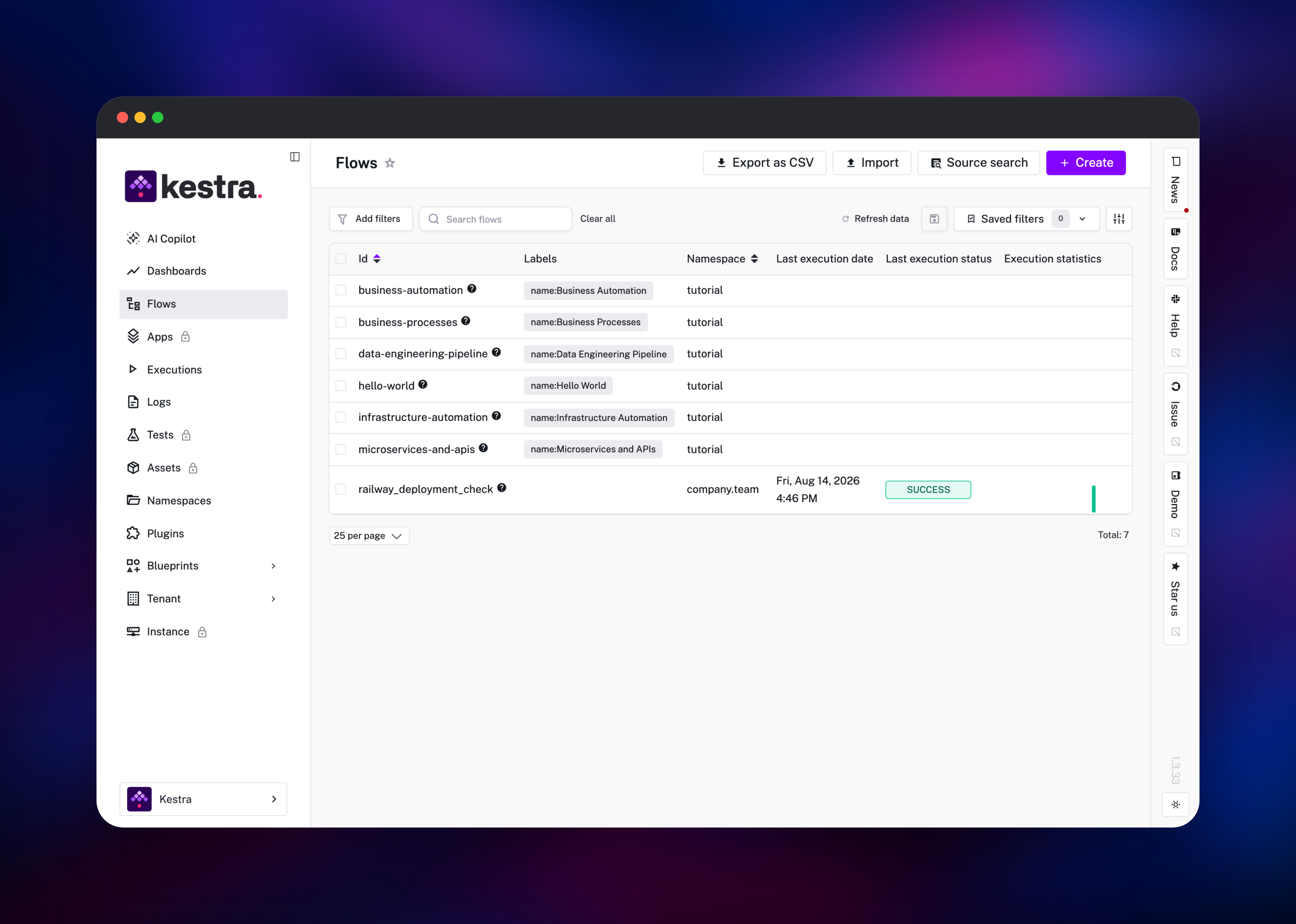Kestra flow list with tutorial workflows and a successful run