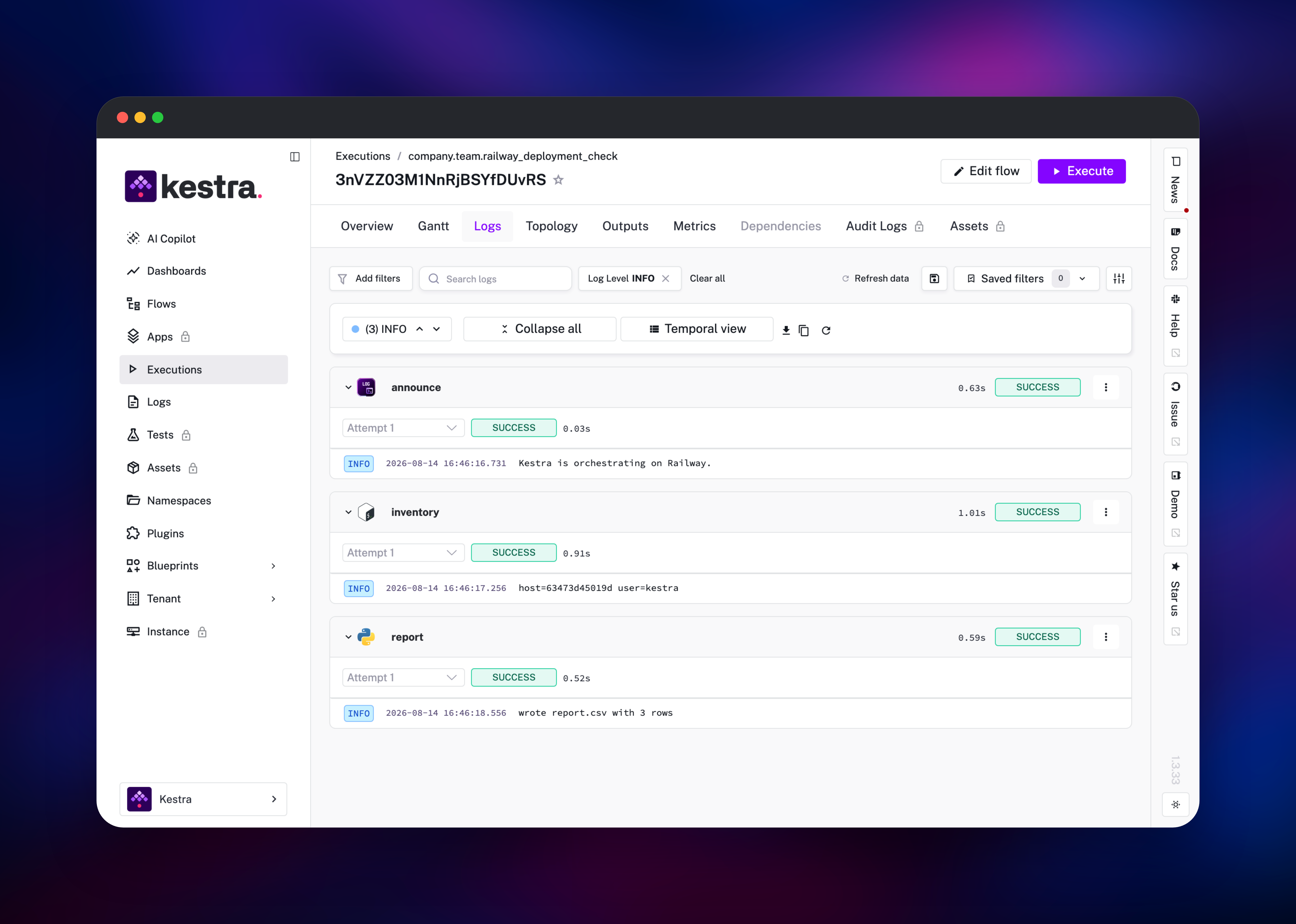 Kestra execution logs showing three tasks completing successfully