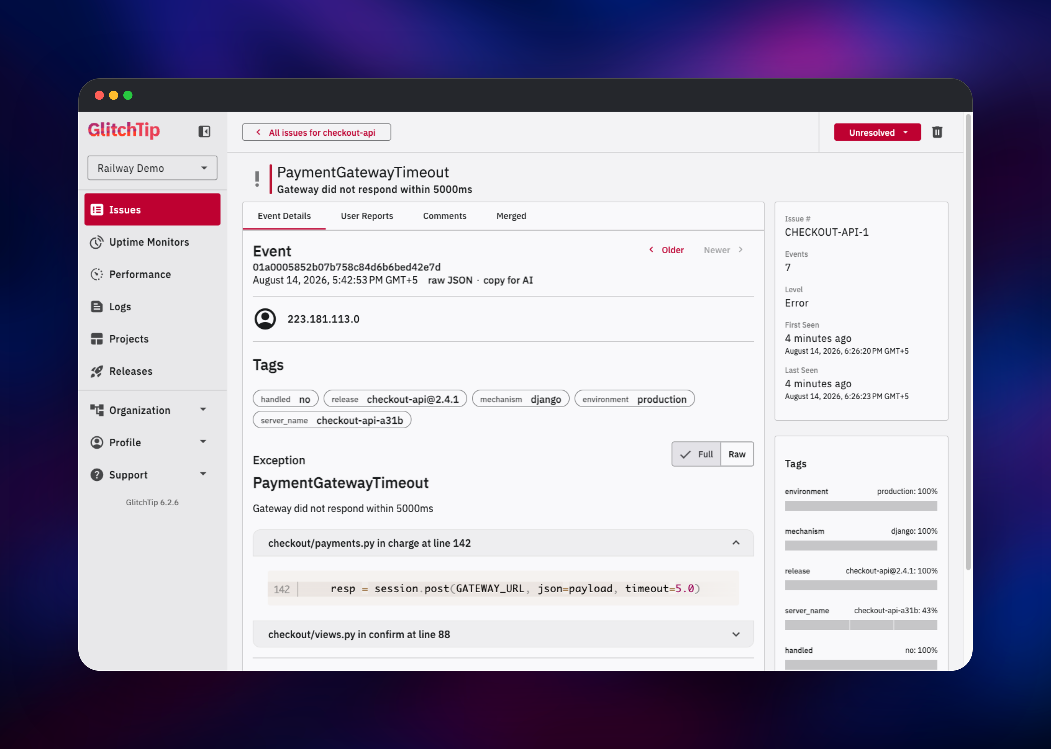 GlitchTip issue detail with Python stack trace and event tags
