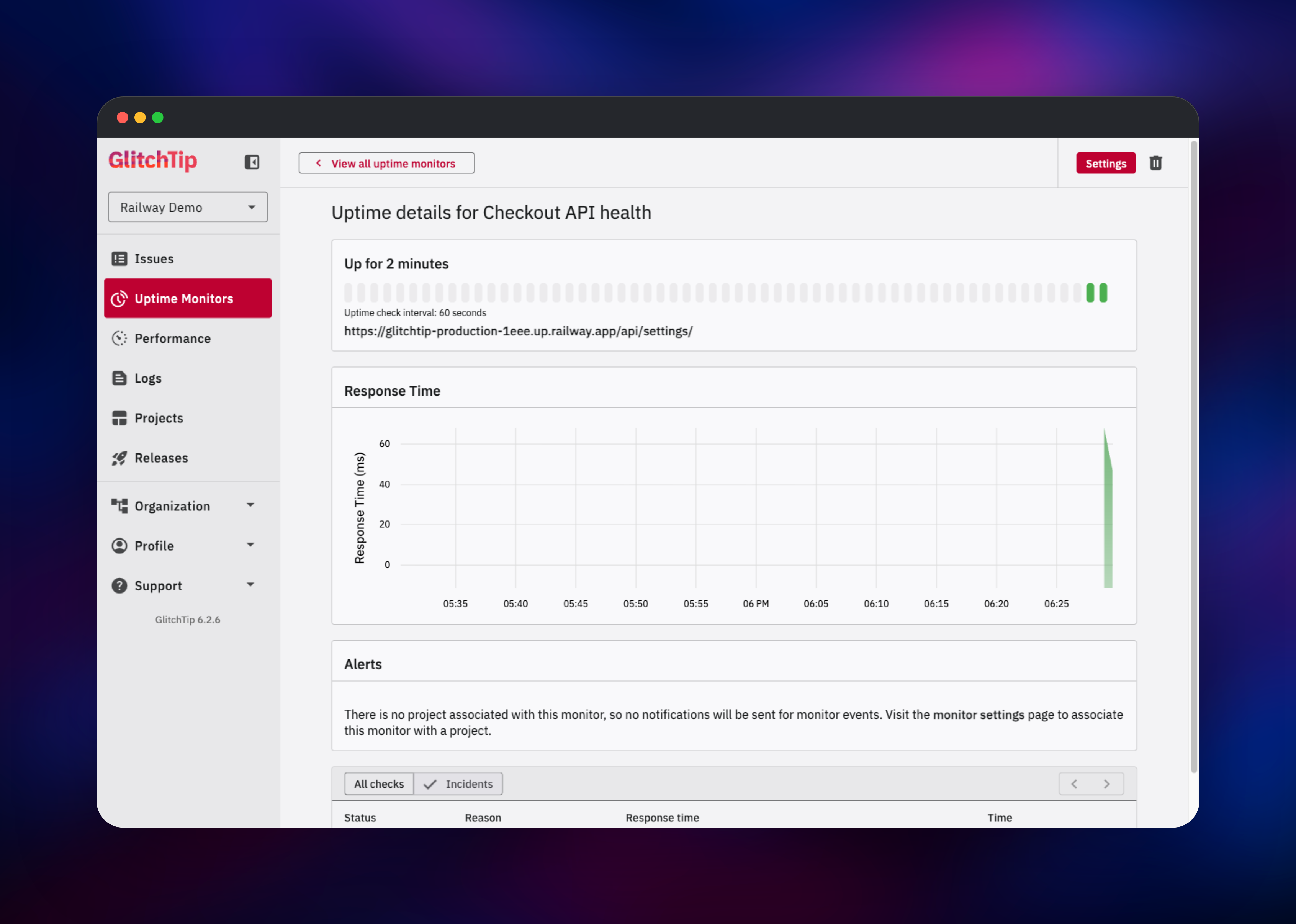 GlitchTip uptime monitor reporting up with response-time chart