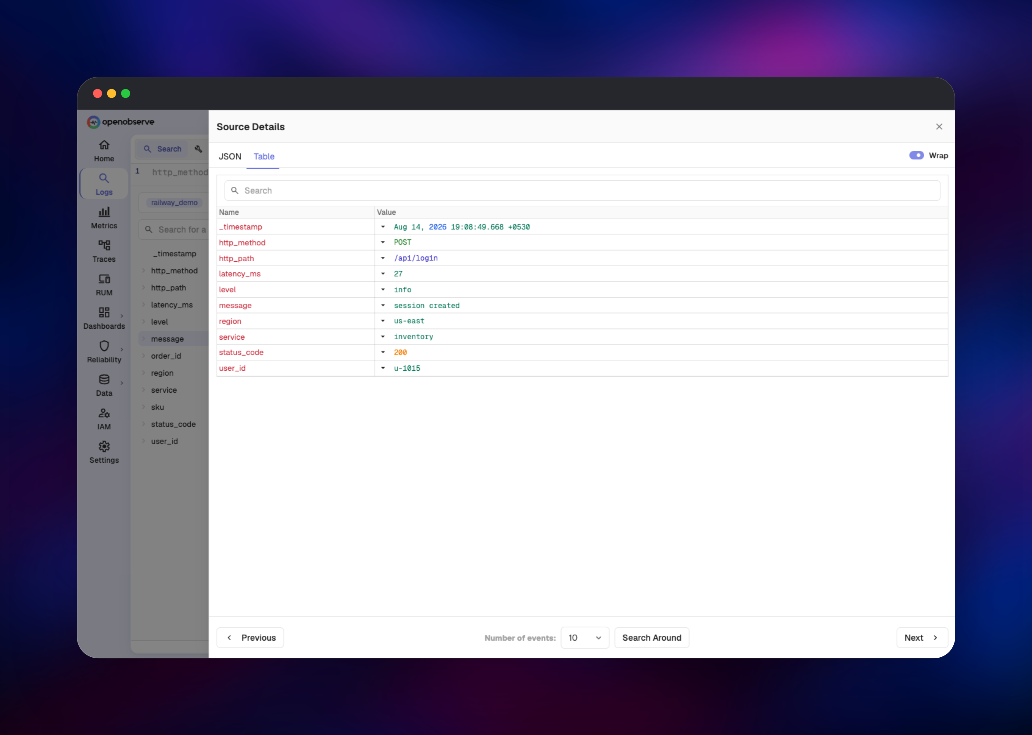 OpenObserve source details panel showing one log record's parsed fields