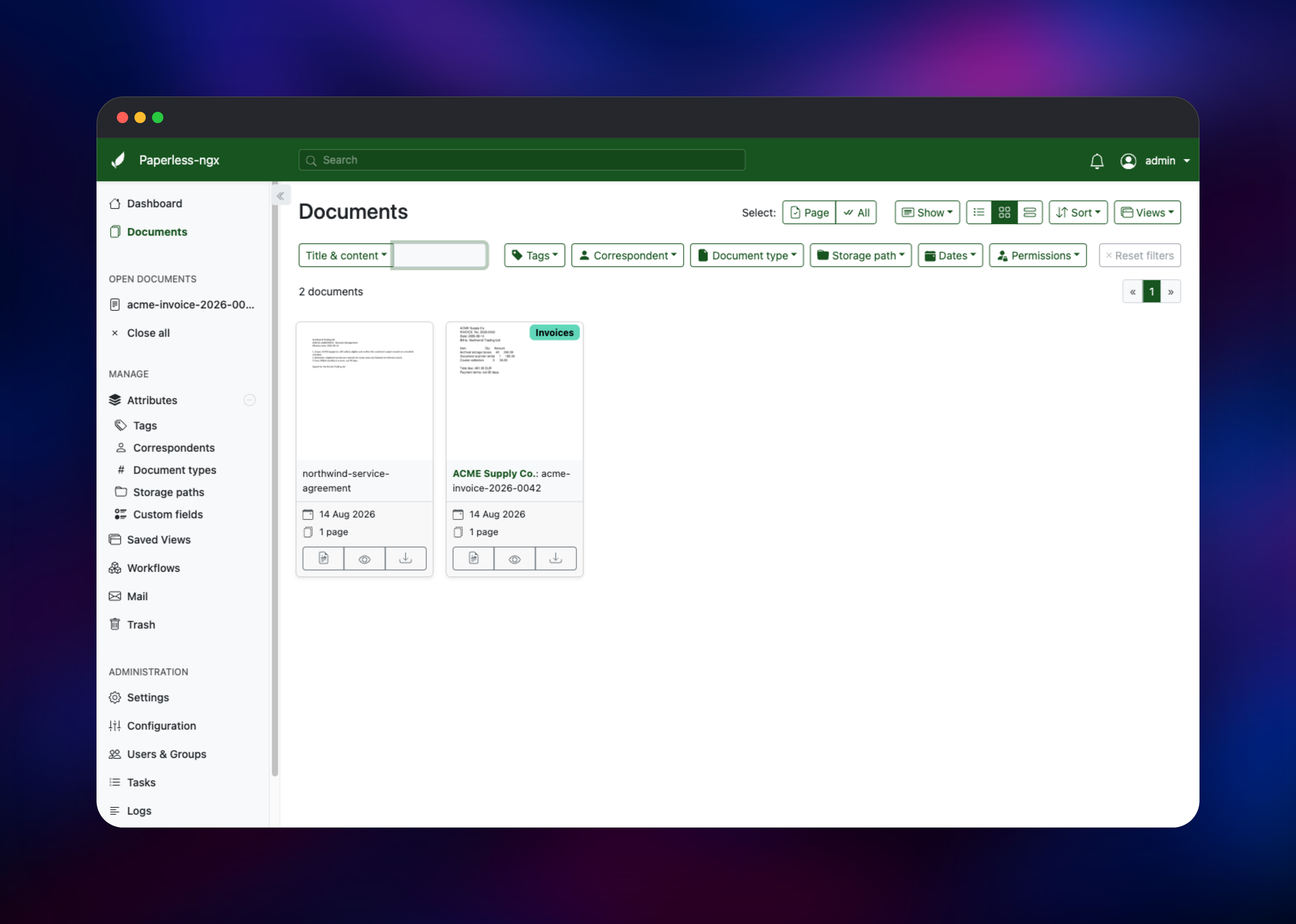 Paperless-ngx document library grid with thumbnails and tags
