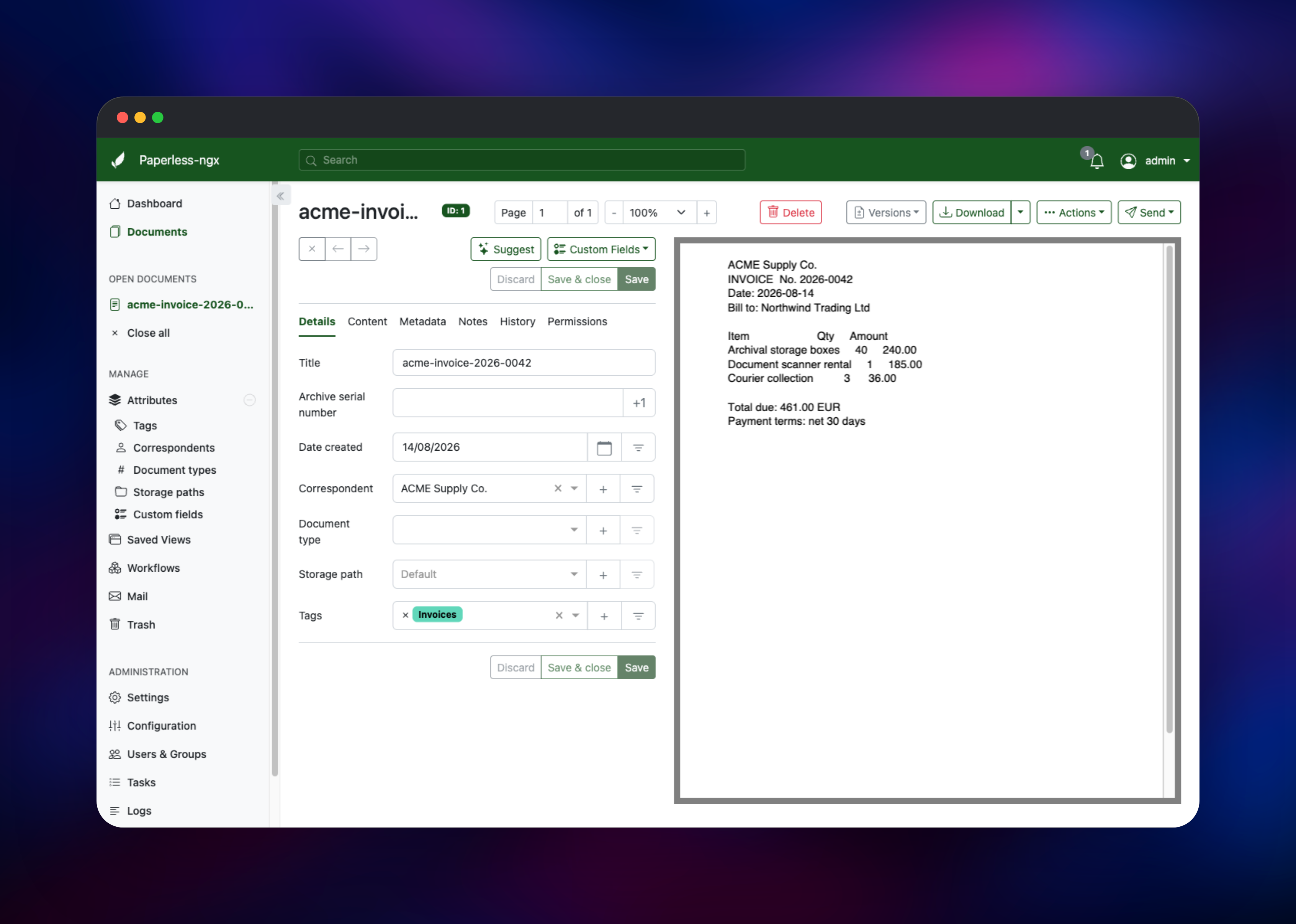 Paperless-ngx invoice detail beside its rendered PDF preview
