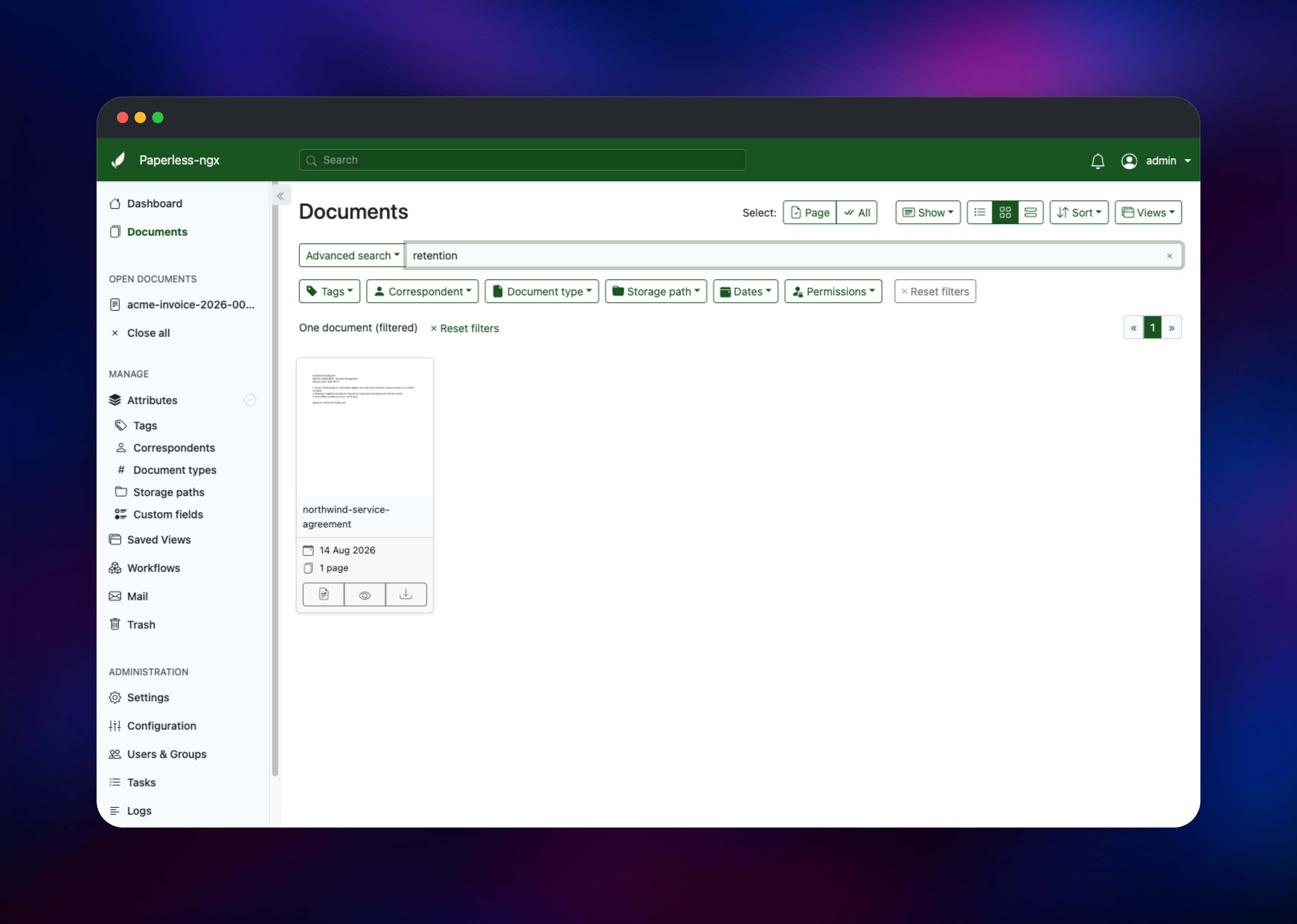 Paperless-ngx full-text search matching a word inside a contract