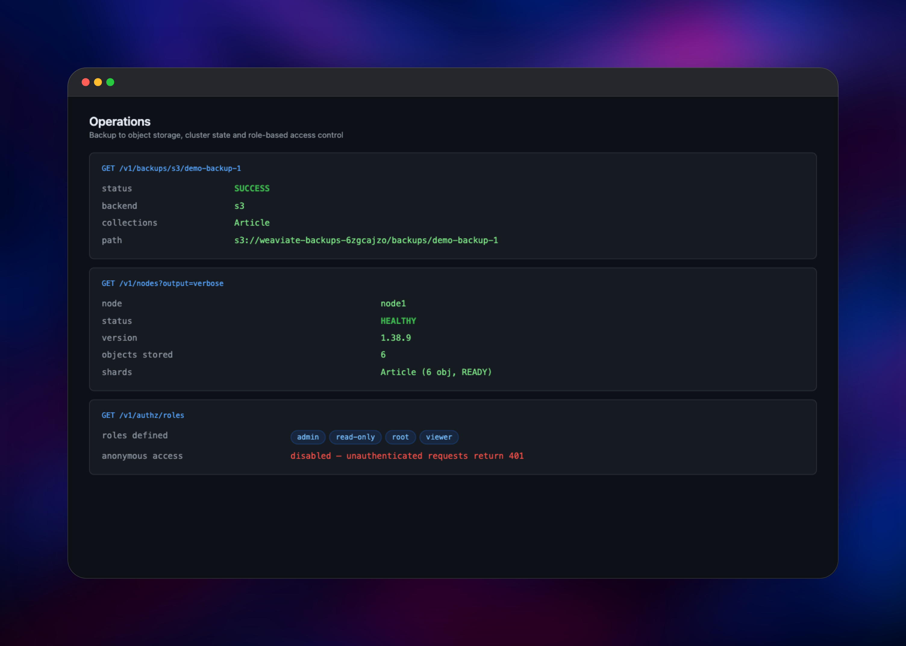 Weaviate backup to object storage succeeded beside healthy node and RBAC roles