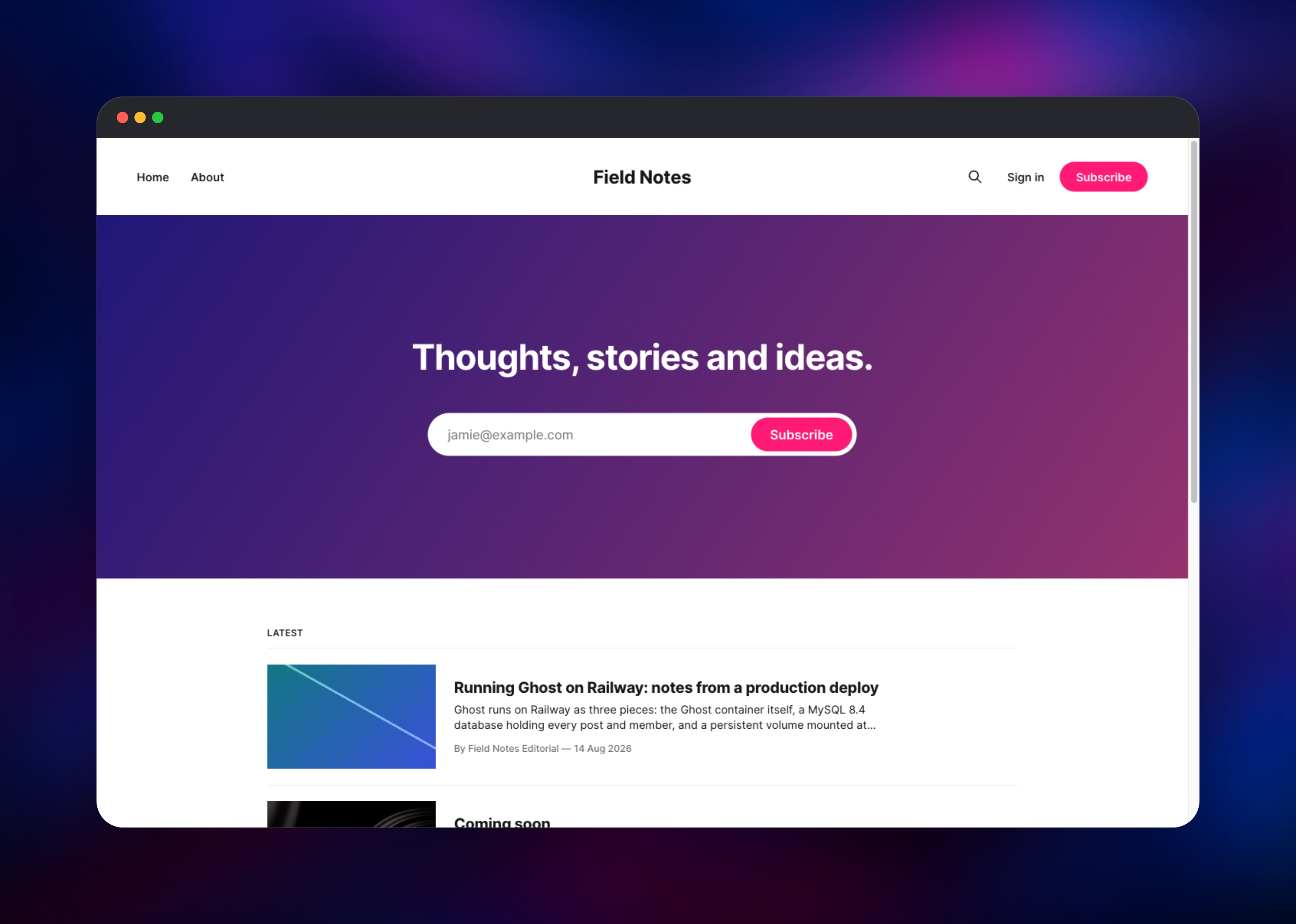 Ghost publication homepage listing the latest published post