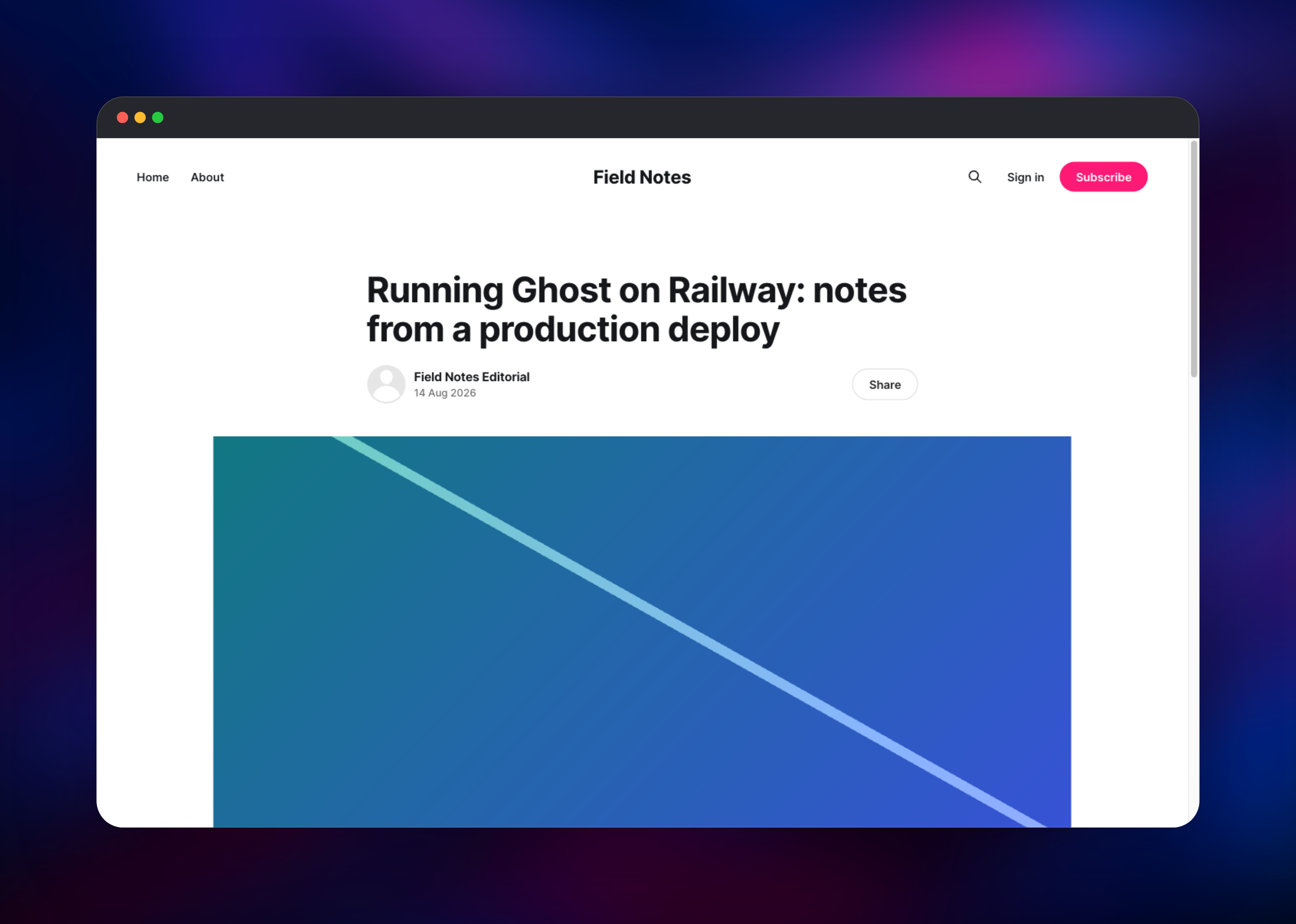 Ghost post page with its uploaded feature image
