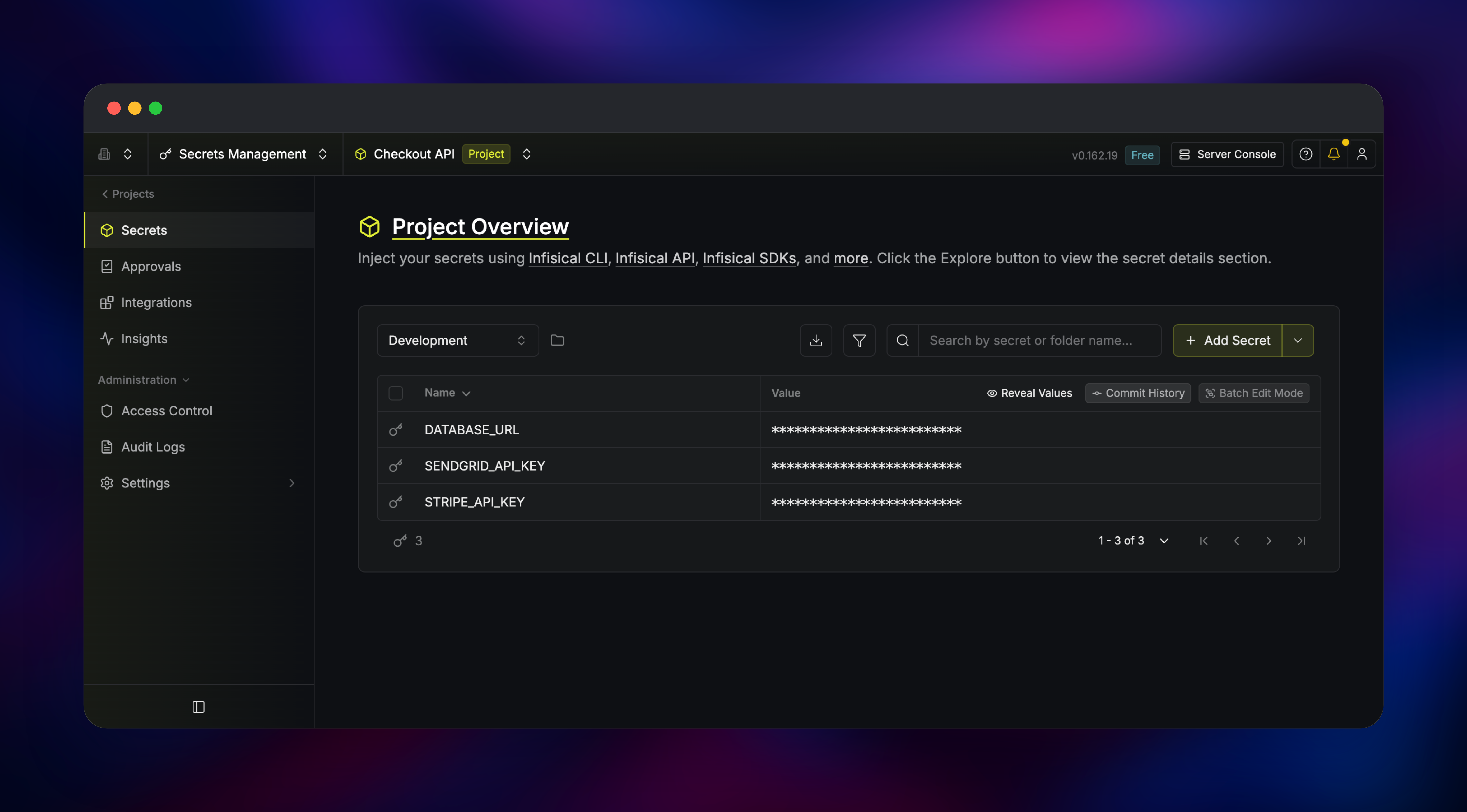 Infisical secrets dashboard listing masked API keys for a development environment
