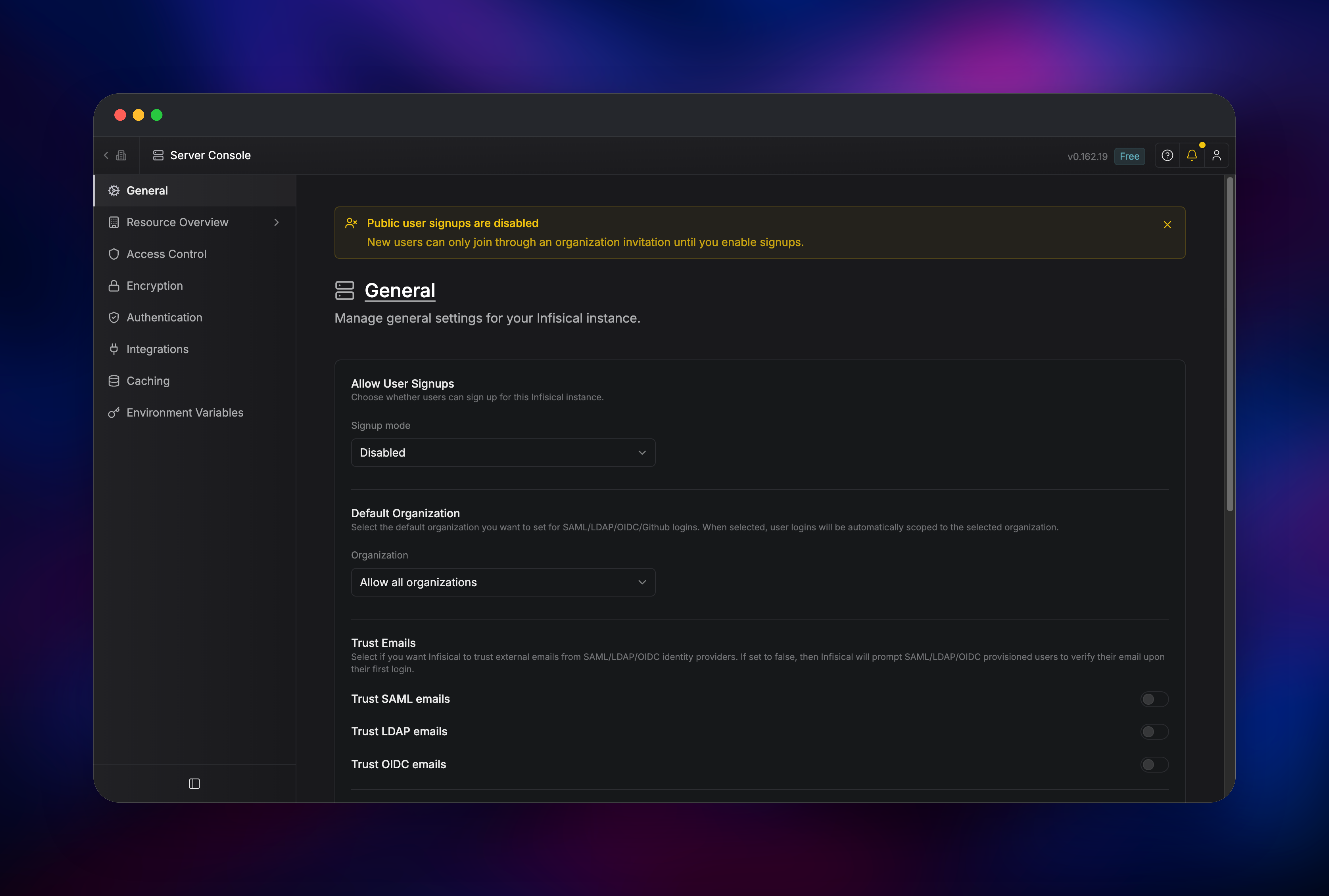 Infisical server console showing public user signups disabled