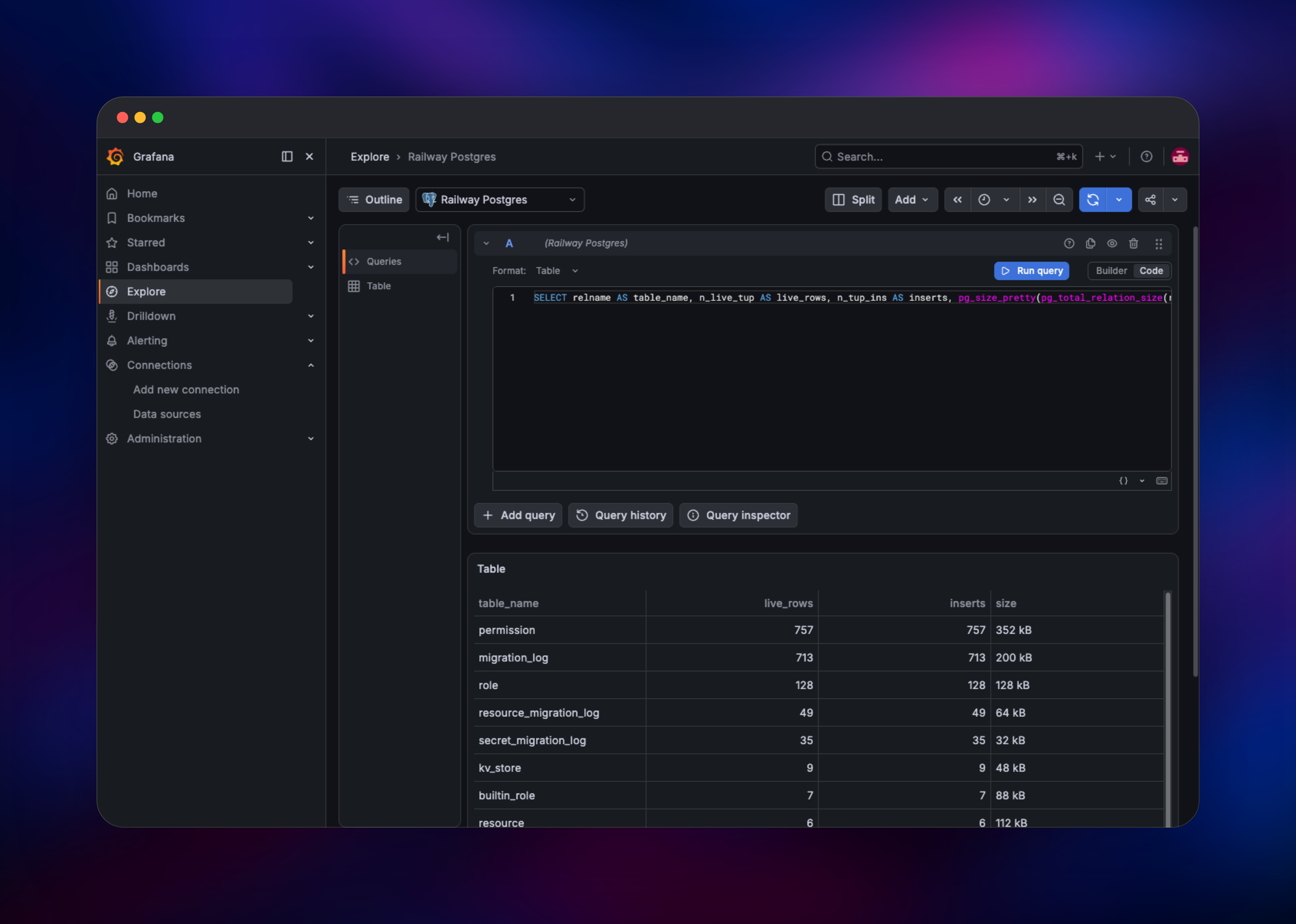 Grafana Explore running a SQL query against Railway Postgres